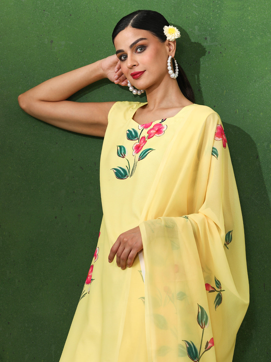 Floral Printed Straight Silk Crepe Kurta & Trousers Sets