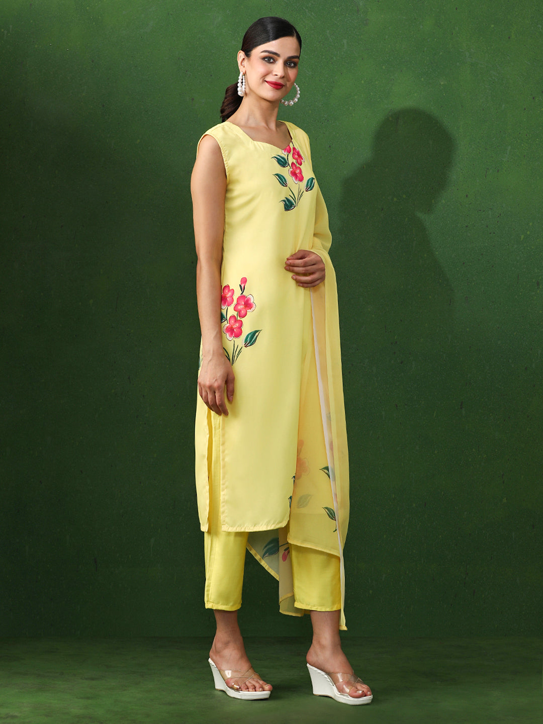 Floral Printed Straight Silk Crepe Kurta & Trousers Sets