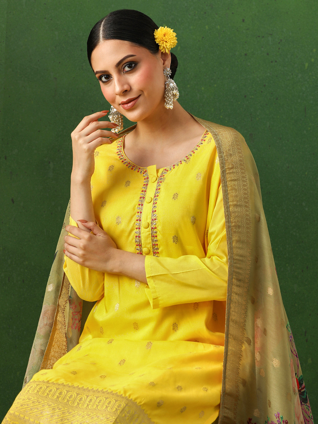 Floral Printed Straight Organza Kurta & Trousers Sets