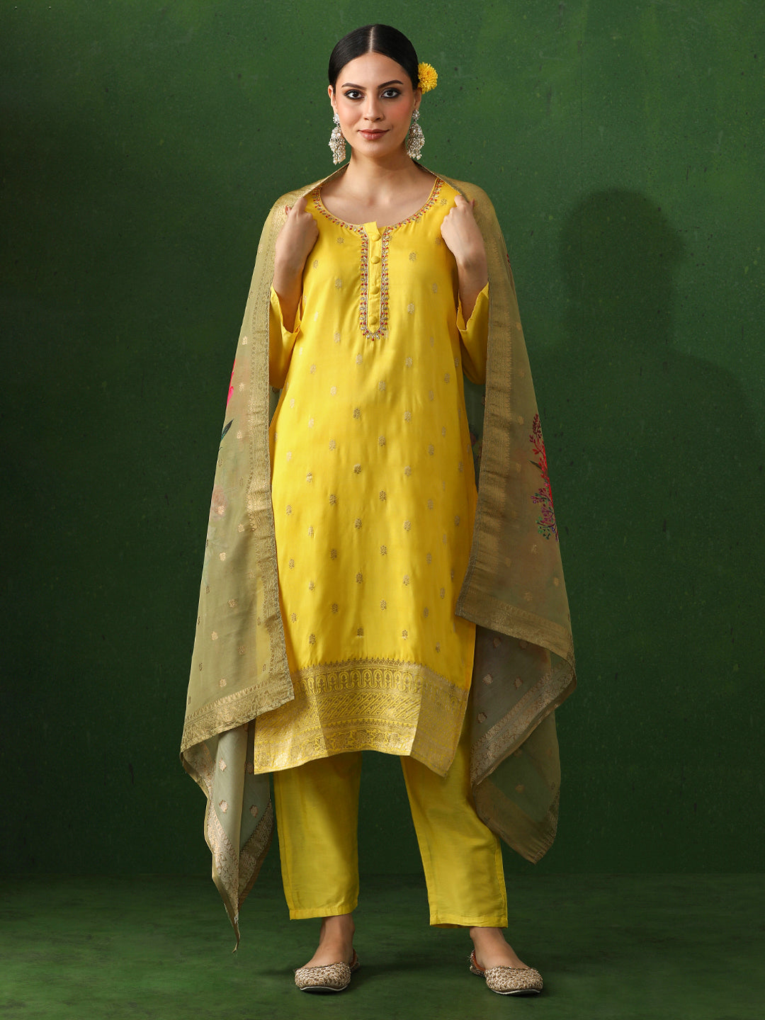 Floral Printed Straight Organza Kurta & Trousers Sets