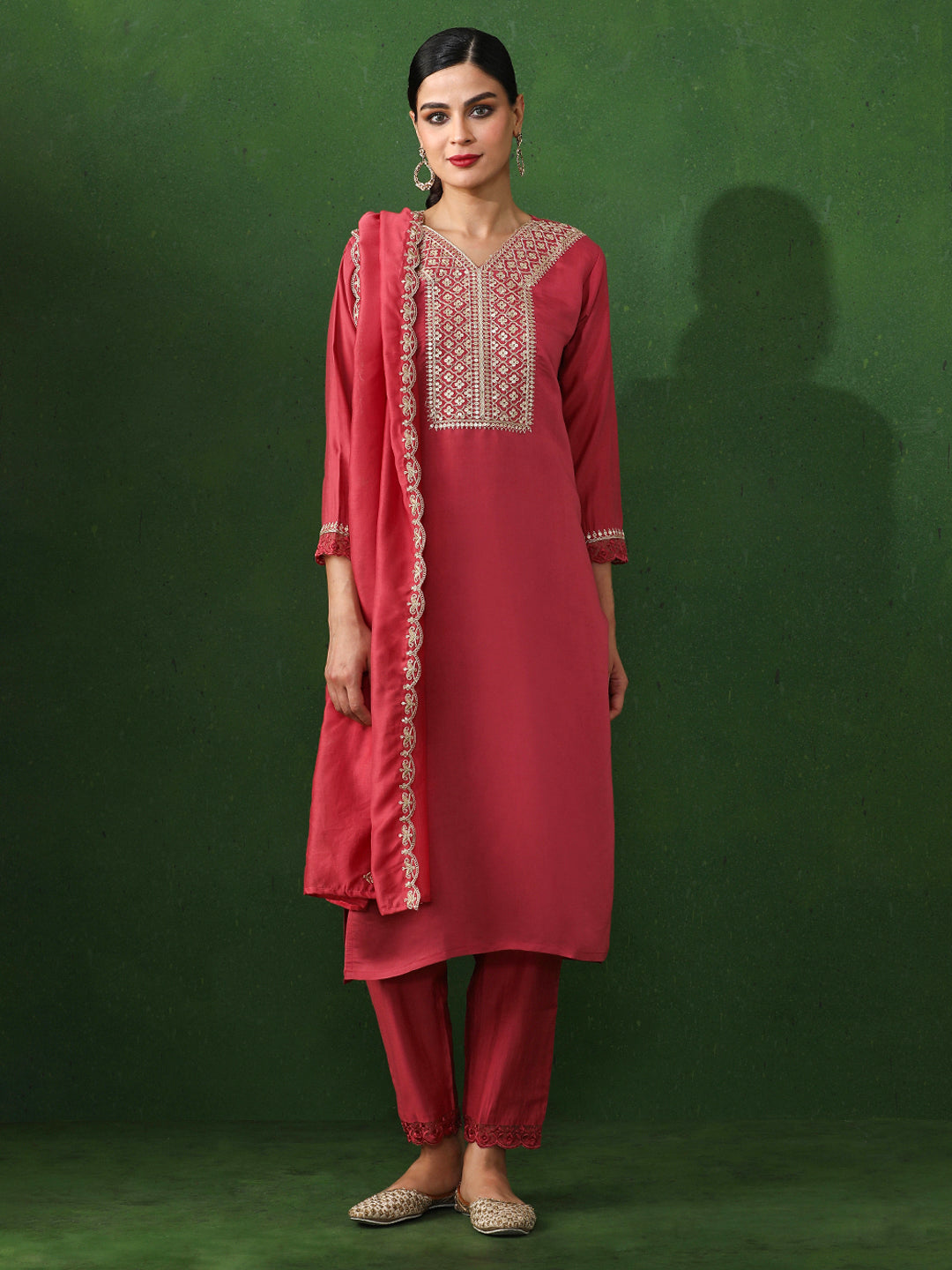Floral Embroidered Straight Chanderi Silk Kurta & Trousers Sets