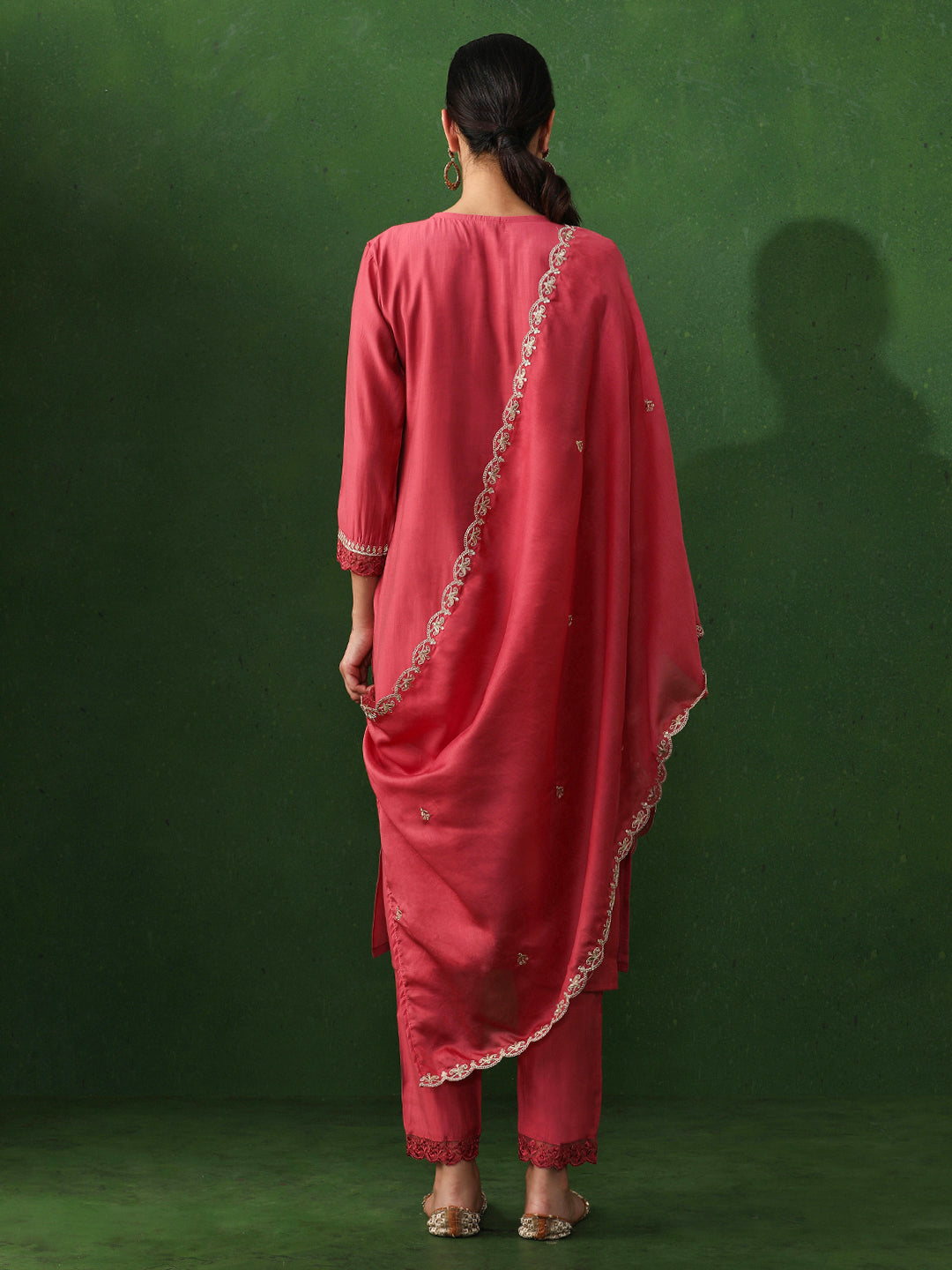 Floral Embroidered Straight Chanderi Silk Kurta & Trousers Sets