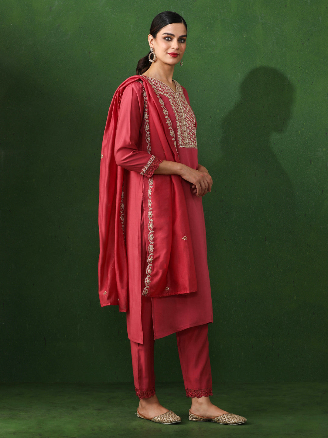 Floral Embroidered Straight Chanderi Silk Kurta & Trousers Sets