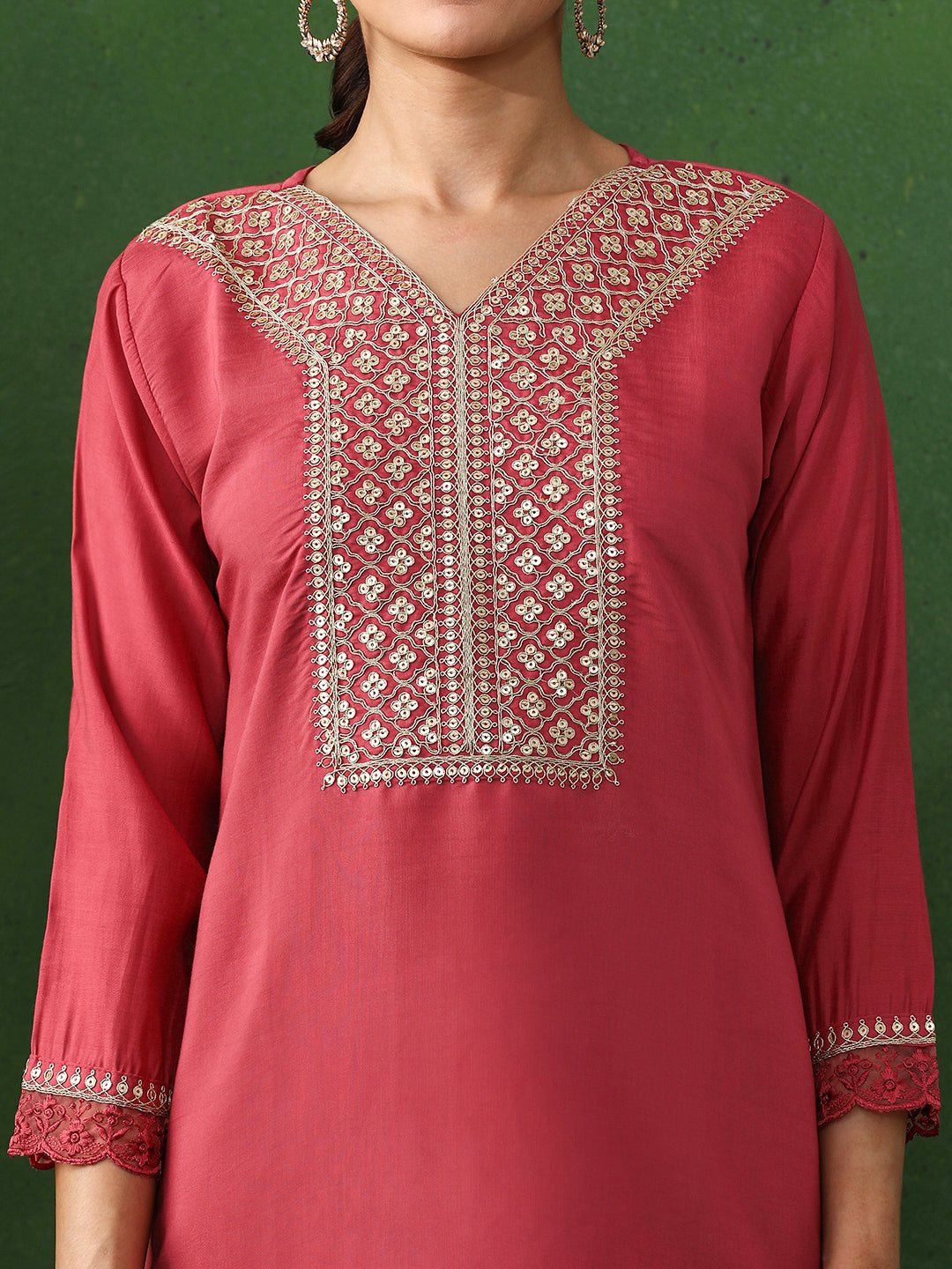 Floral Embroidered Straight Chanderi Silk Kurta & Trousers Sets