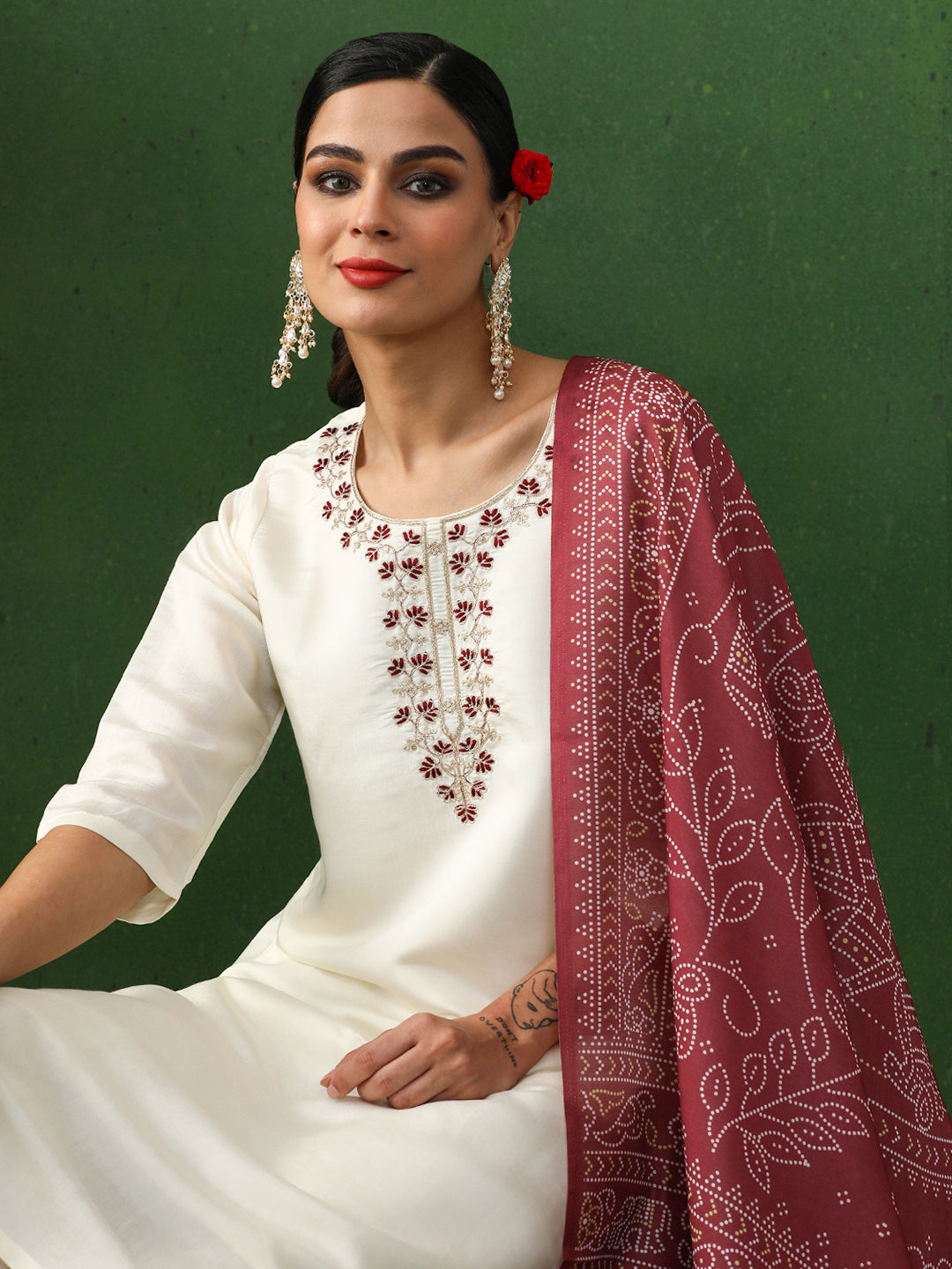 Floral Embroidered Straight Silk Blend Kurta & Trousers Sets