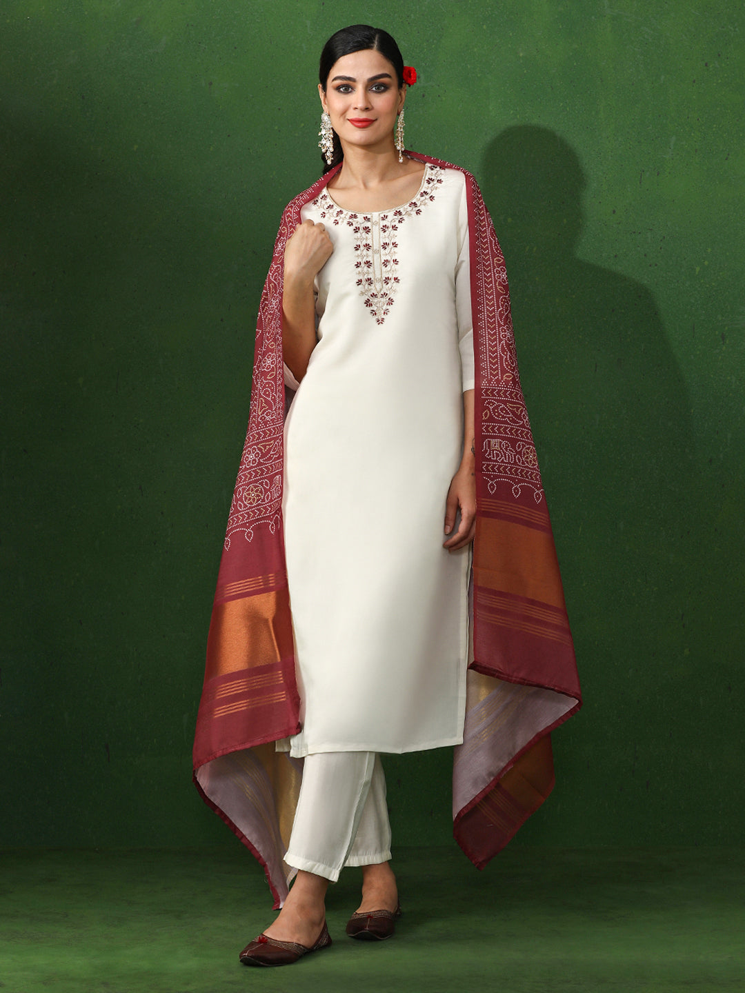 Floral Embroidered Straight Silk Blend Kurta & Trousers Sets