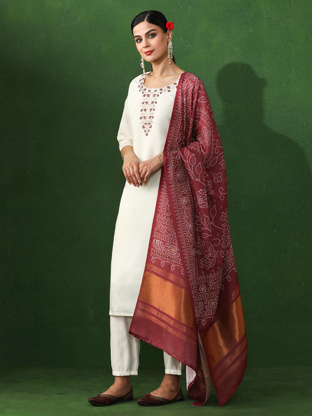 Floral Embroidered Straight Silk Blend Kurta & Trousers Sets