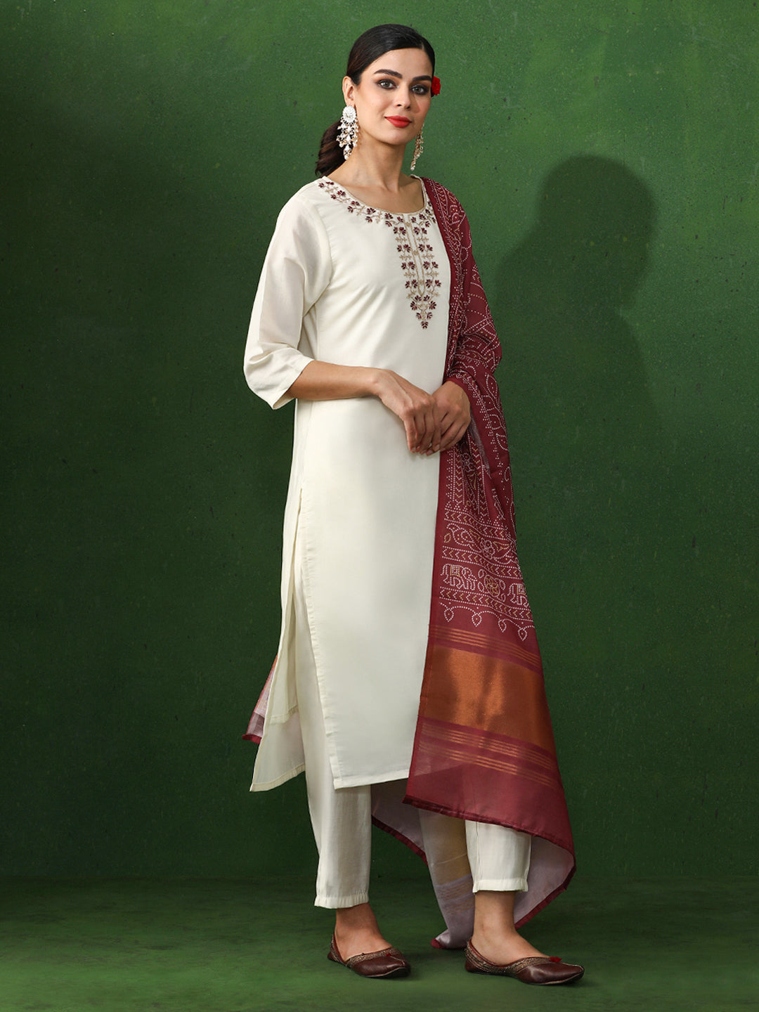Floral Embroidered Straight Silk Blend Kurta & Trousers Sets