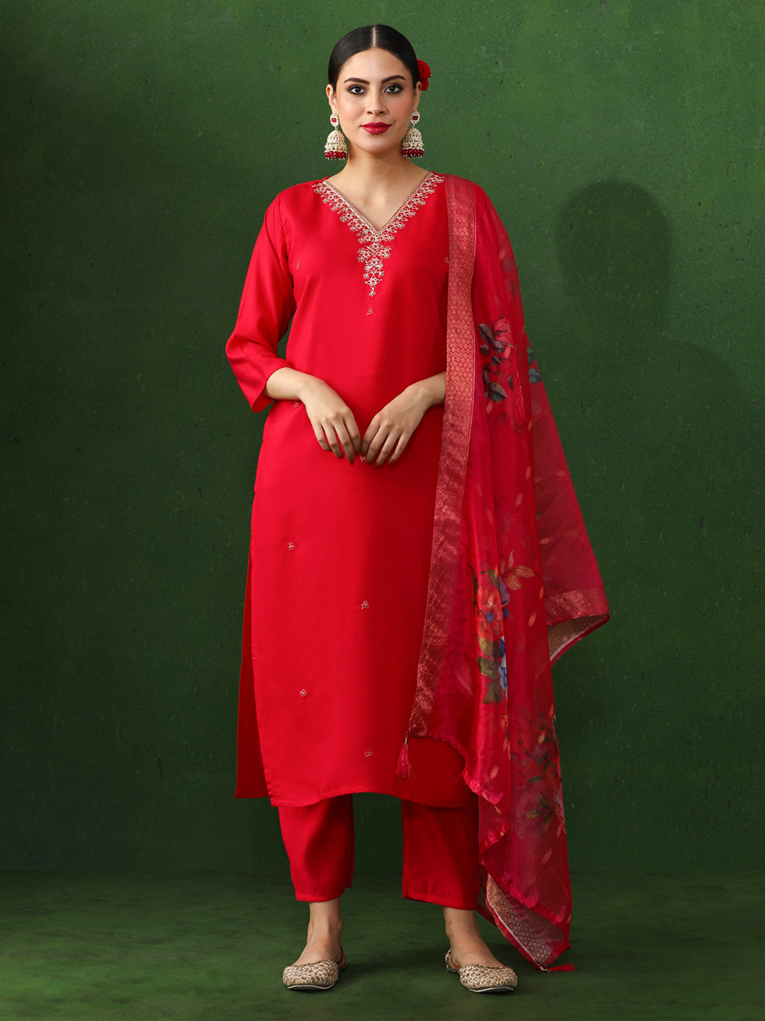 Floral Embroidered Straight Chanderi Silk Kurta & Trousers Sets