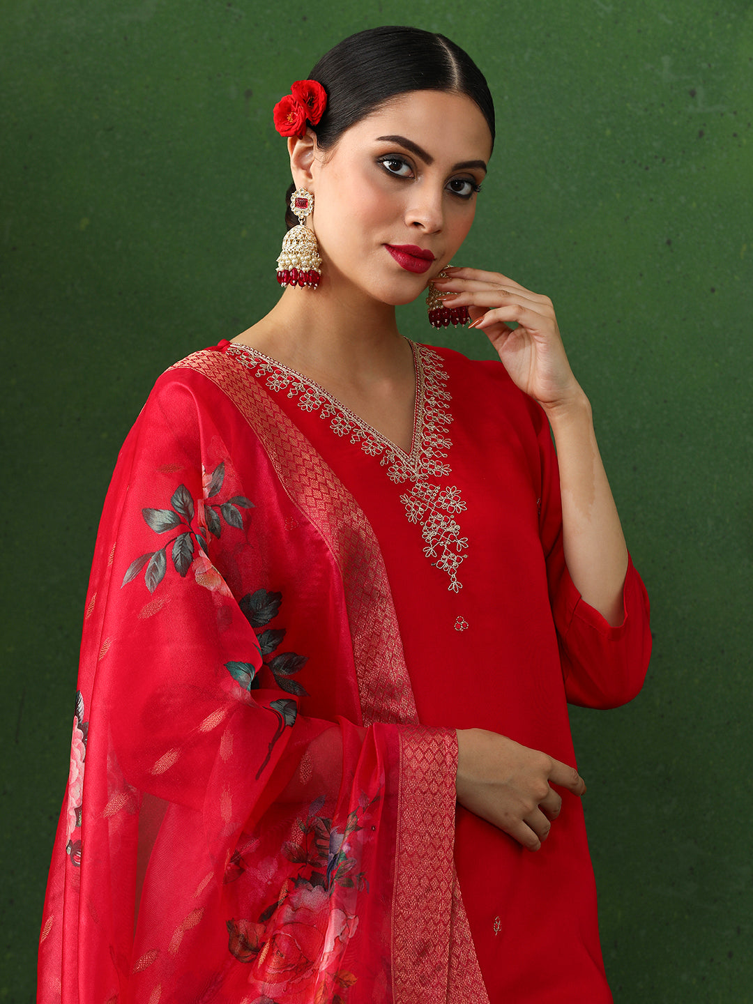 Floral Embroidered Straight Chanderi Silk Kurta & Trousers Sets
