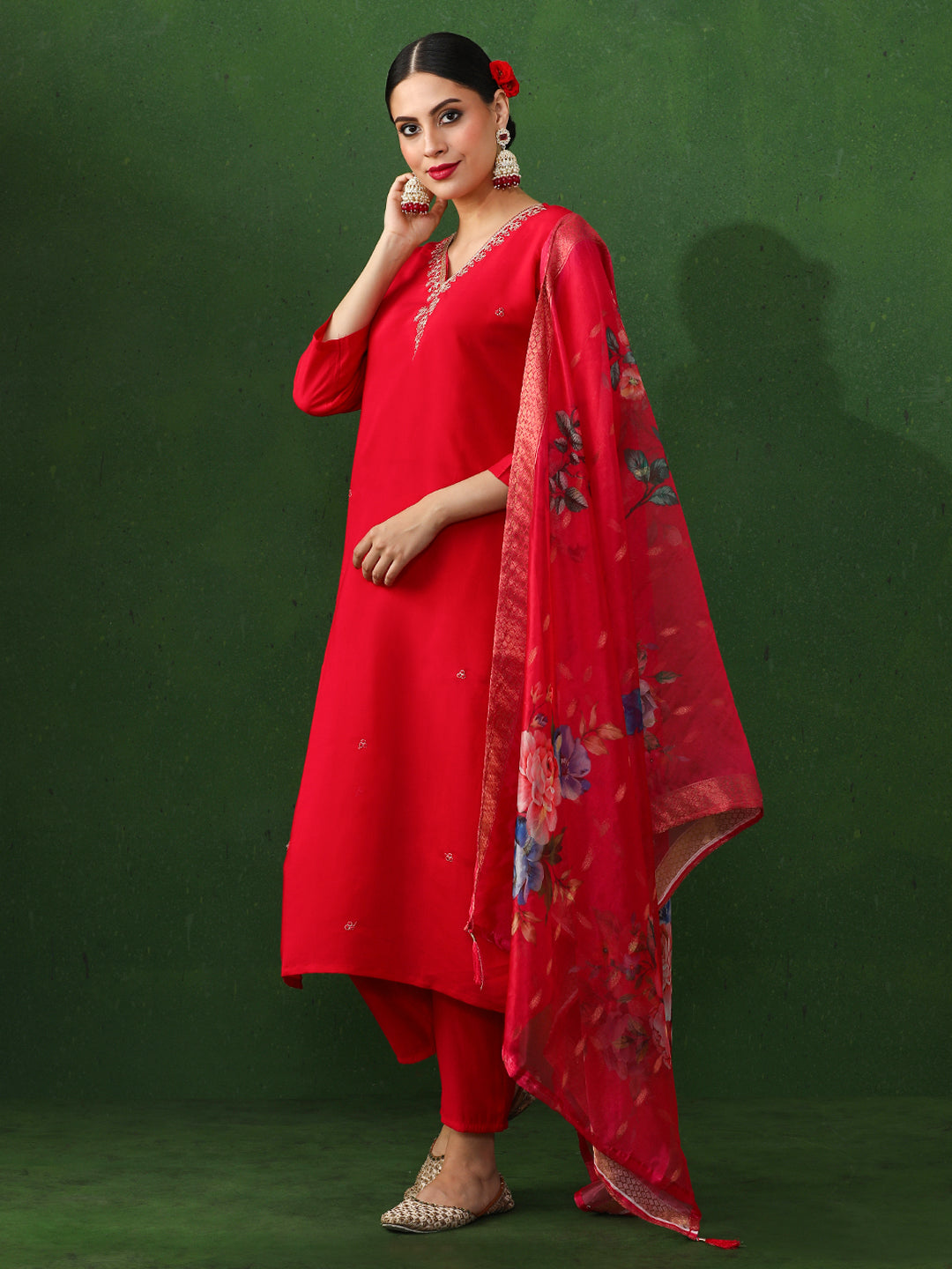 Floral Embroidered Straight Chanderi Silk Kurta & Trousers Sets
