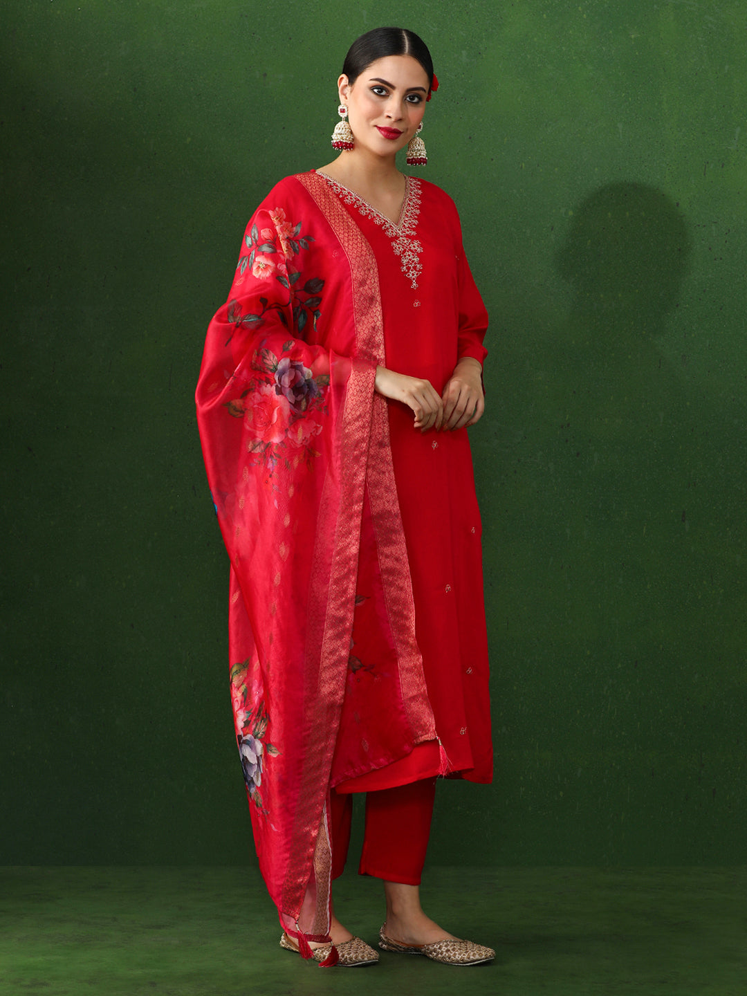 Floral Embroidered Straight Chanderi Silk Kurta & Trousers Sets