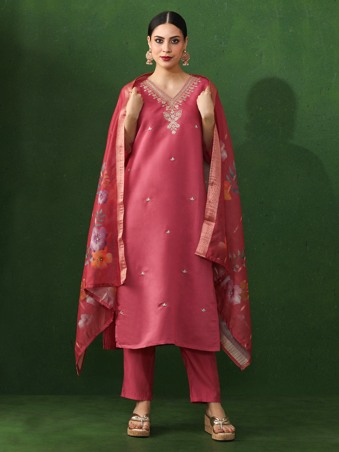 Floral Embroidered Straight Chanderi Silk Kurta & Trousers Sets