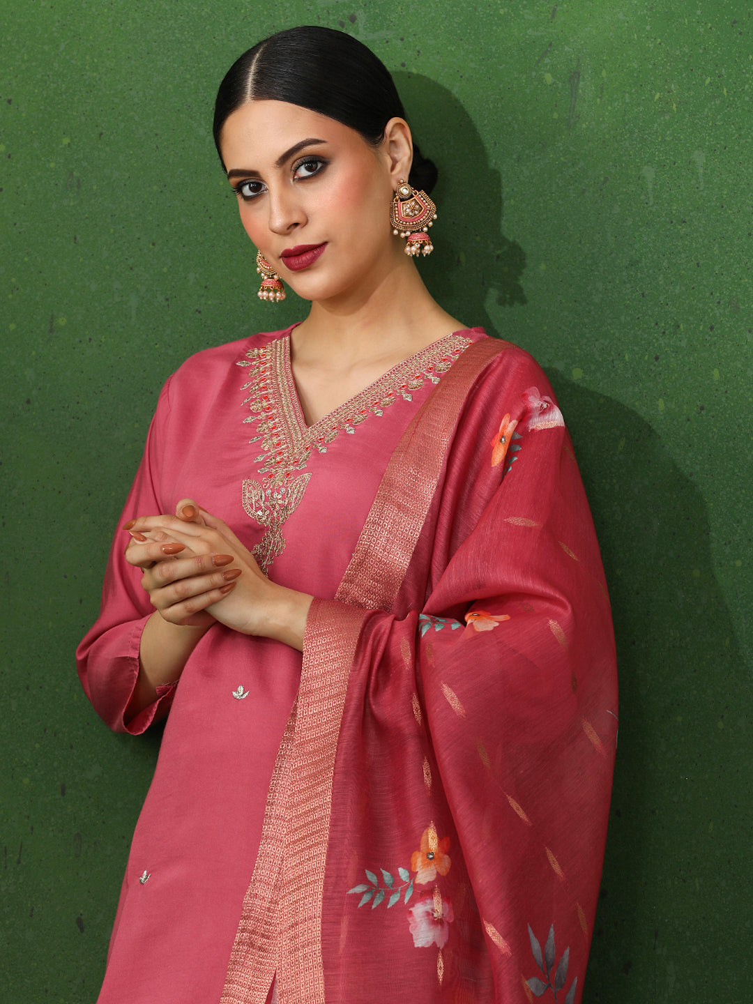 Floral Embroidered Straight Chanderi Silk Kurta & Trousers Sets