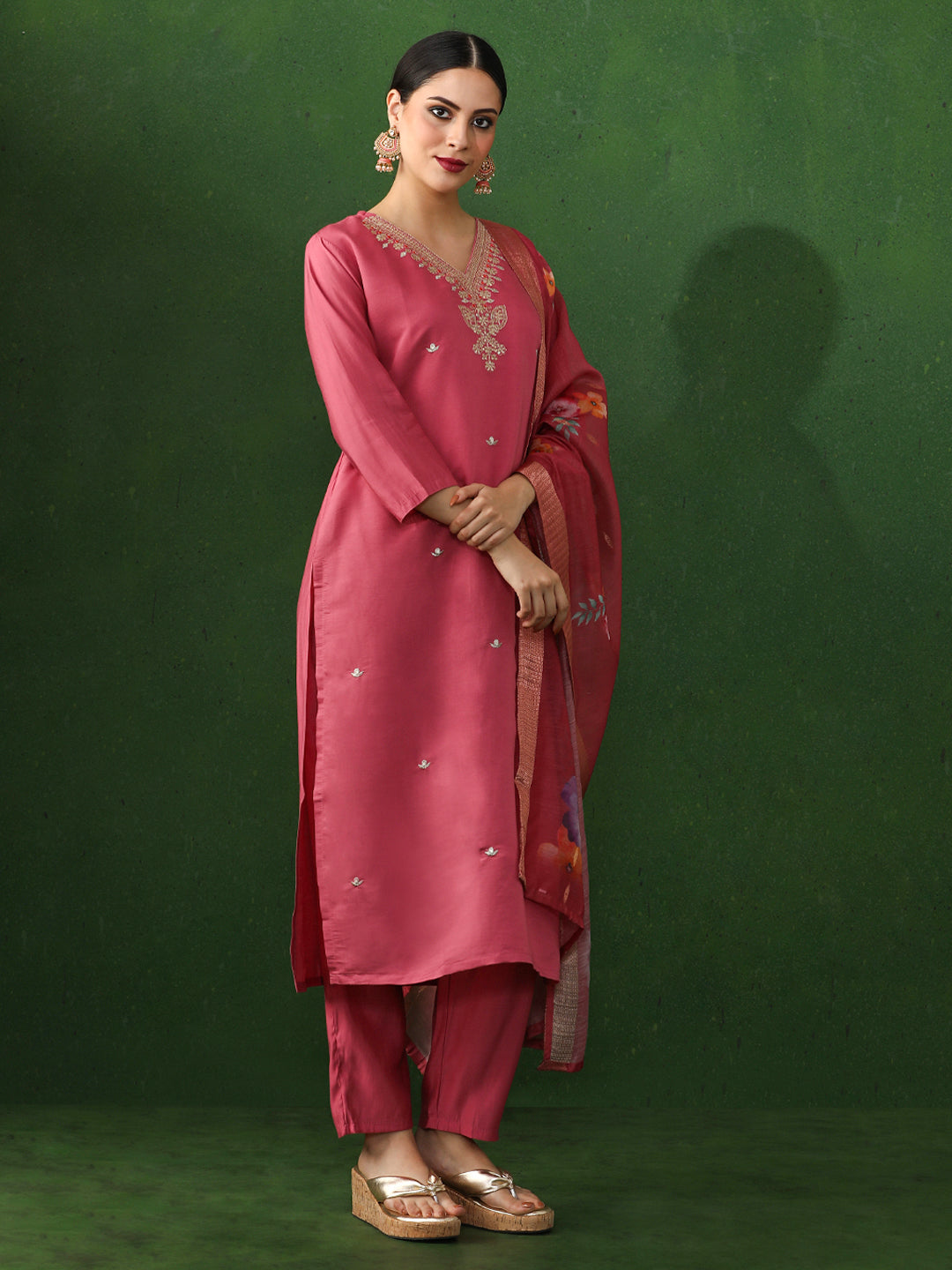 Floral Embroidered Straight Chanderi Silk Kurta & Trousers Sets