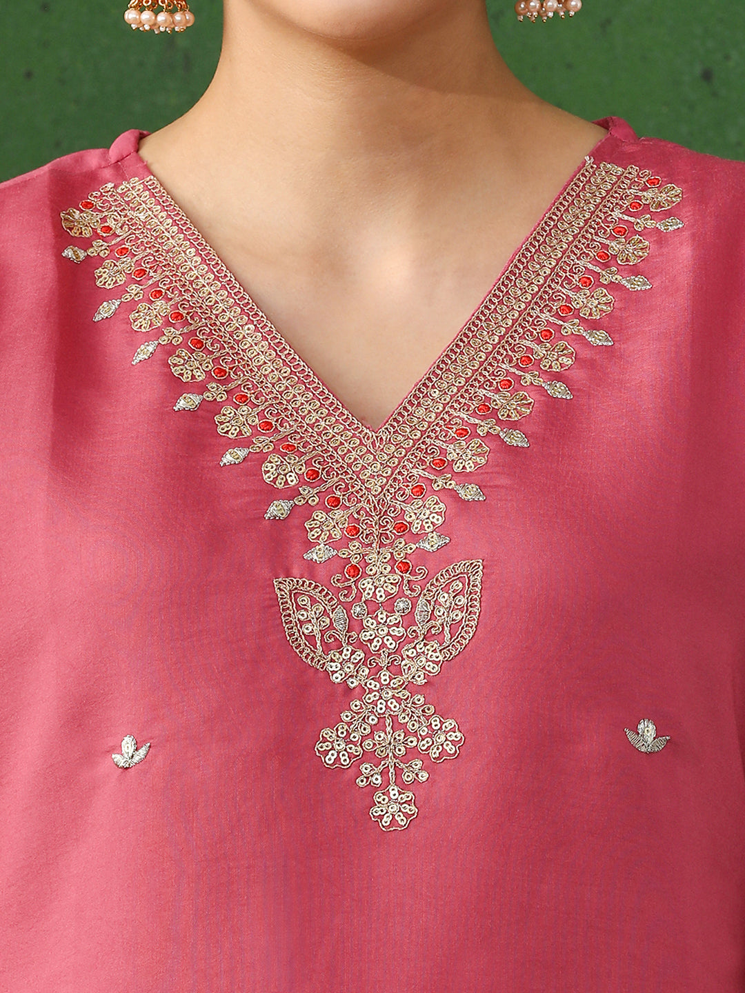 Floral Embroidered Straight Chanderi Silk Kurta & Trousers Sets