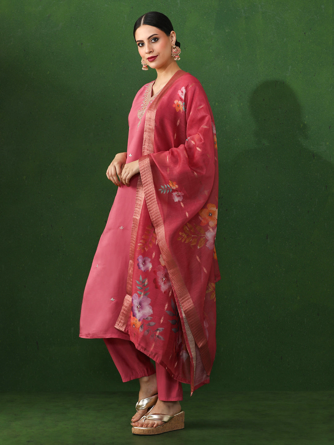 Floral Embroidered Straight Chanderi Silk Kurta & Trousers Sets