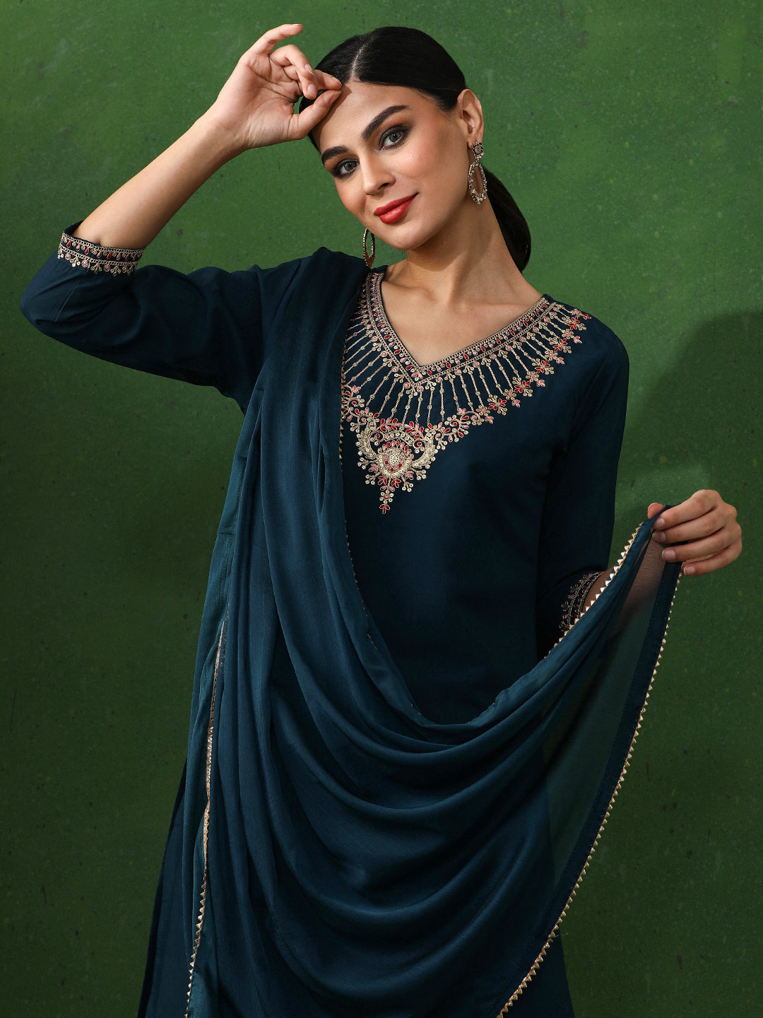 Floral Embroidered Straight Chanderi Silk Kurta & Trousers Sets