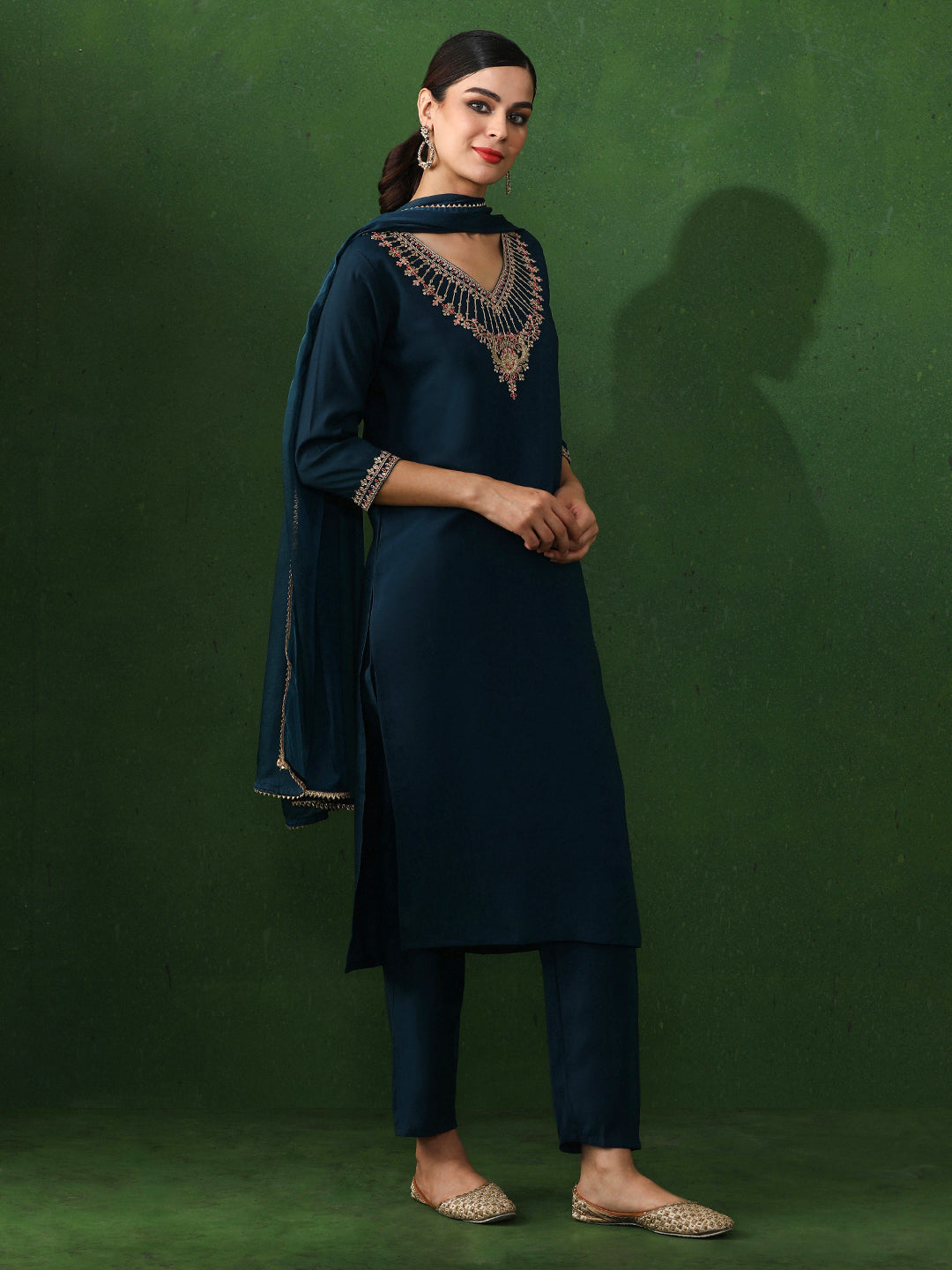 Floral Embroidered Straight Chanderi Silk Kurta & Trousers Sets