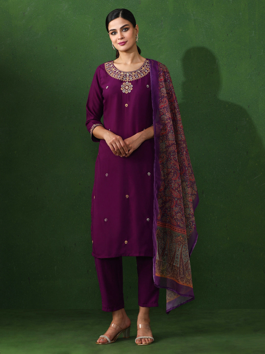 Floral Embroidered Straight Kurta & Trousers Sets