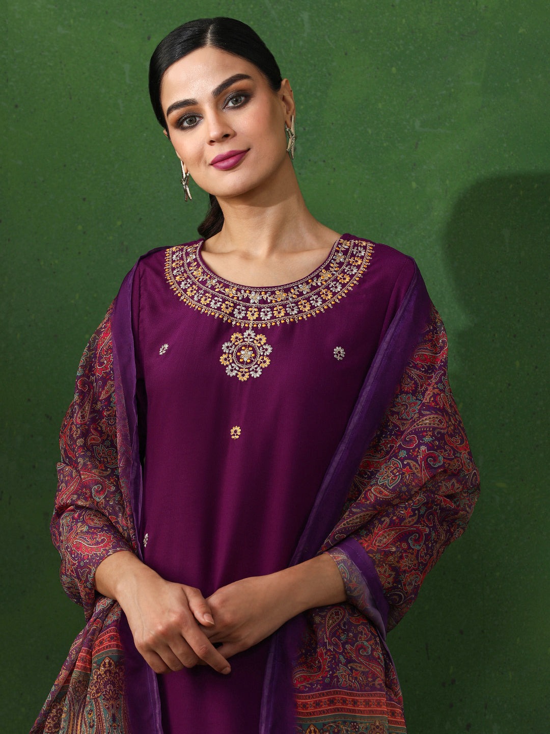 Floral Embroidered Straight Kurta & Trousers Sets