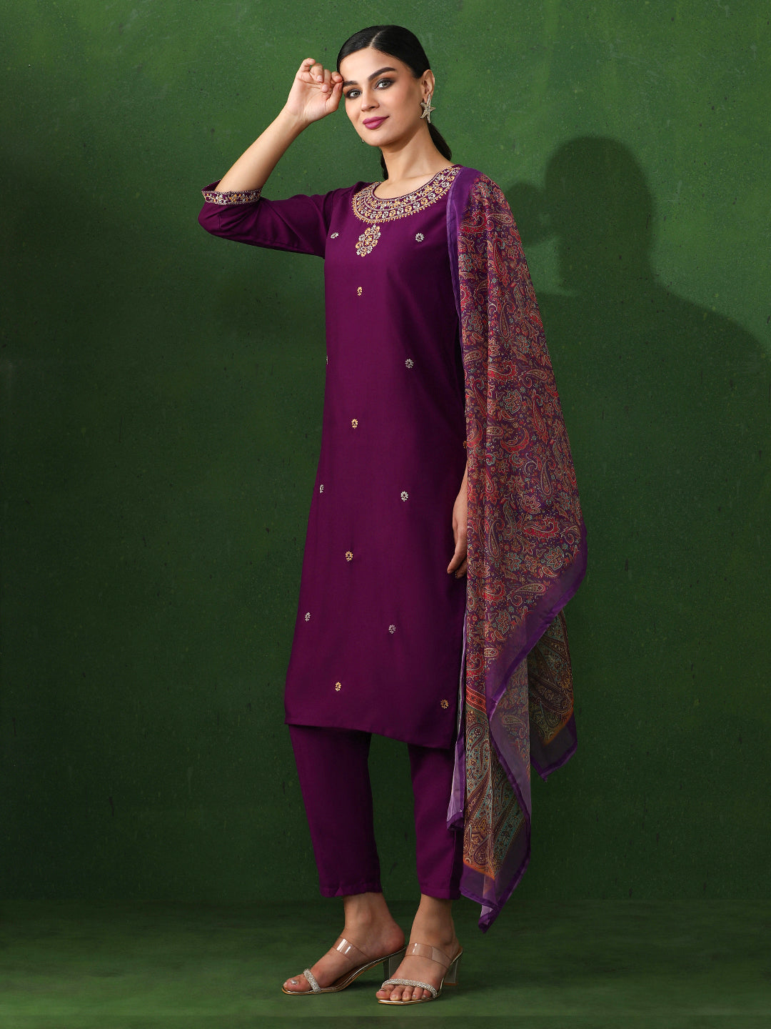 Floral Embroidered Straight Kurta & Trousers Sets