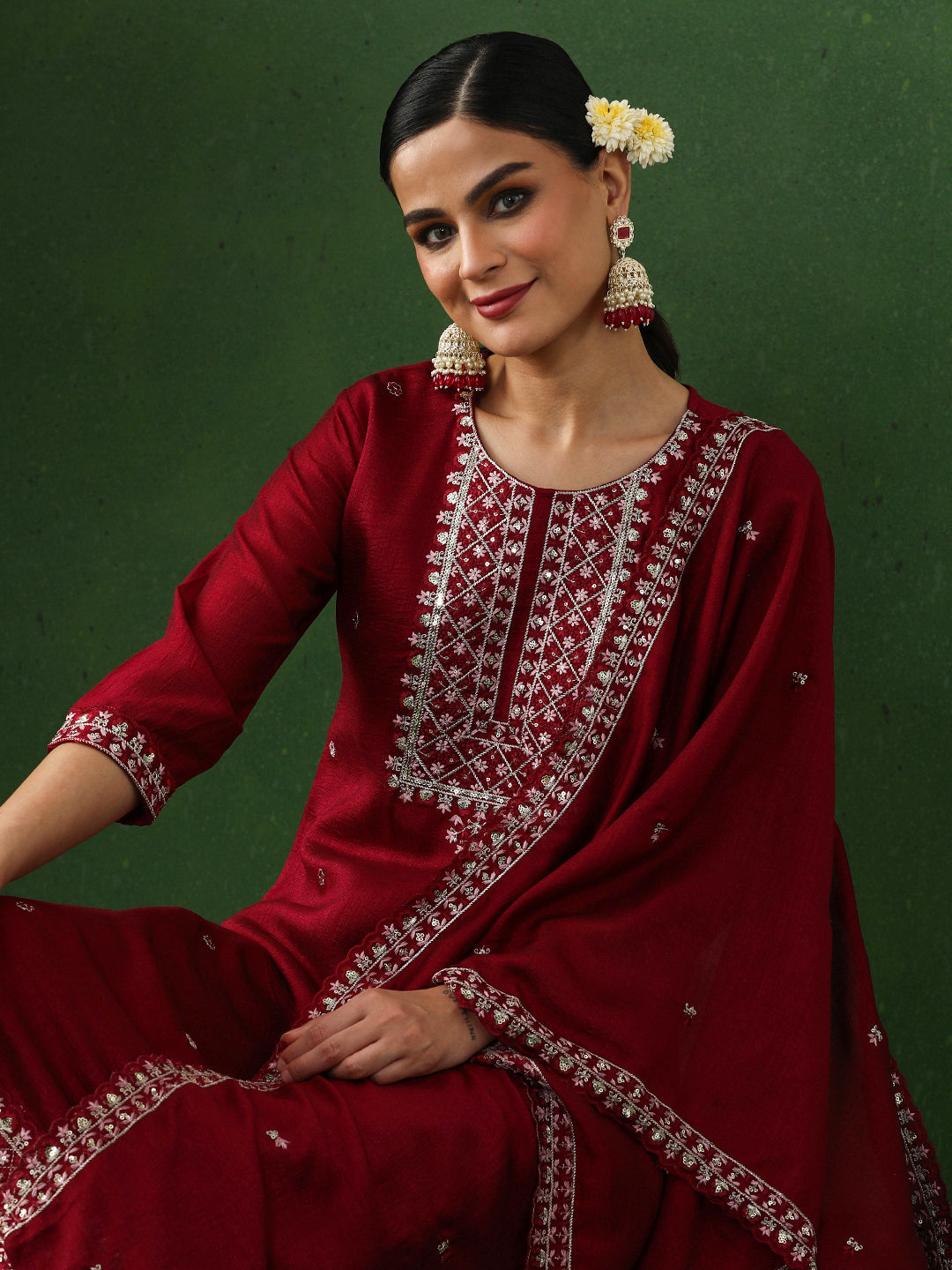 Floral Embroidered Straight Silk Blend Kurta & Trousers Sets