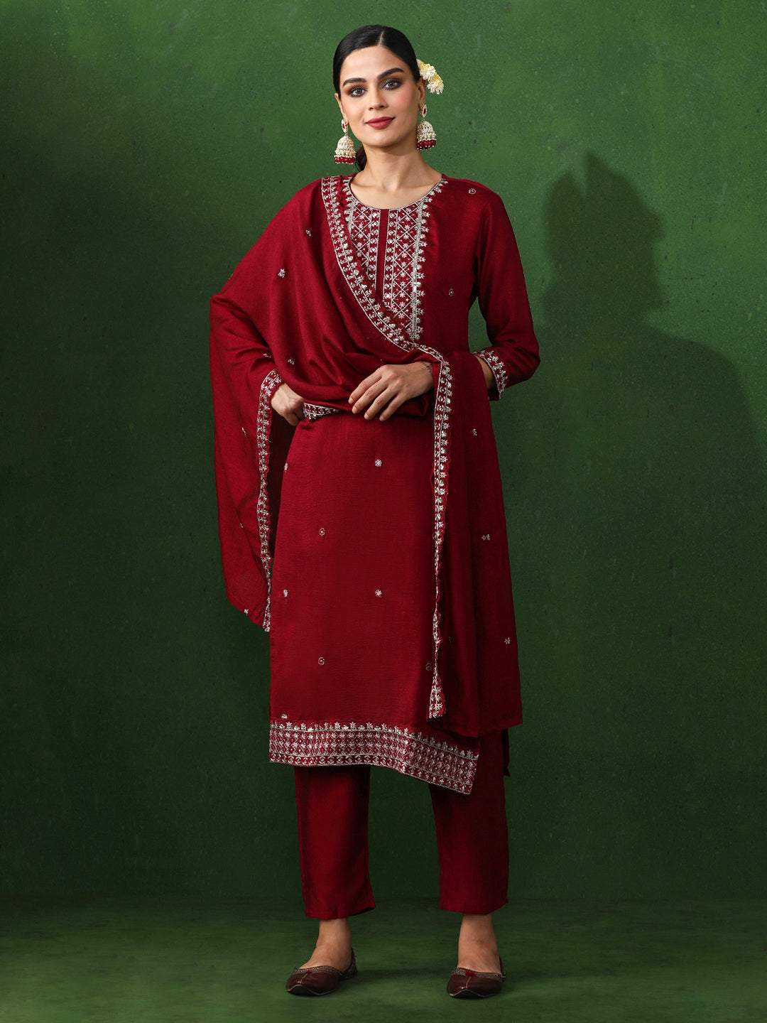 Floral Embroidered Straight Silk Blend Kurta & Trousers Sets