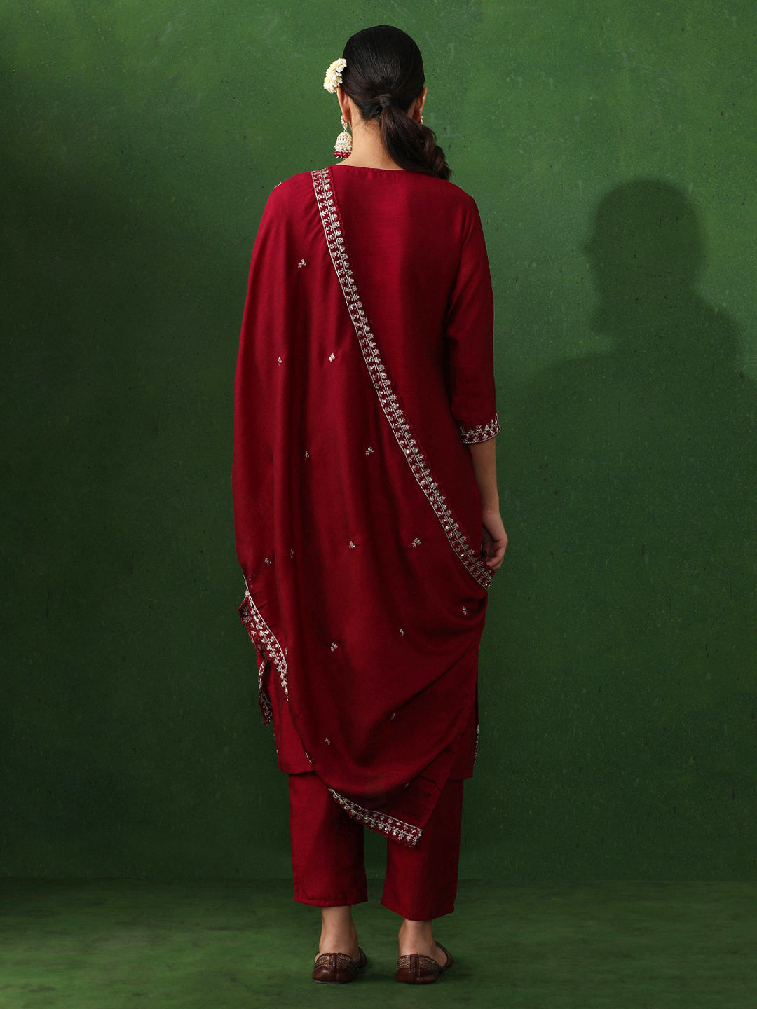 Floral Embroidered Straight Silk Blend Kurta & Trousers Sets