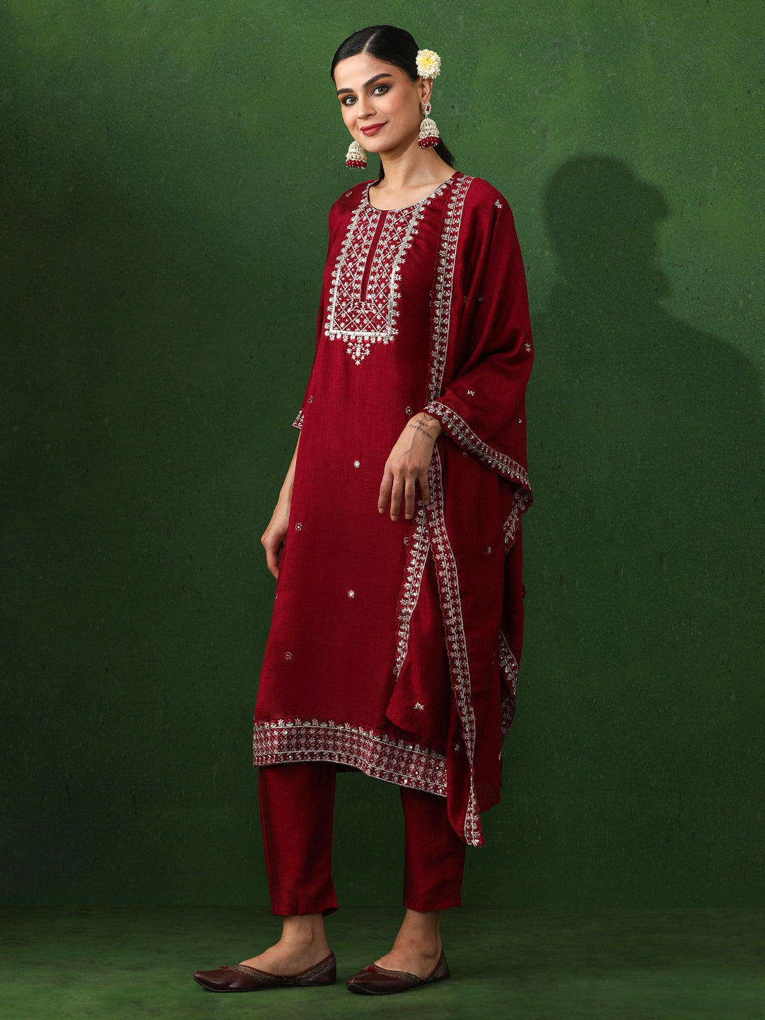 Floral Embroidered Straight Silk Blend Kurta & Trousers Sets