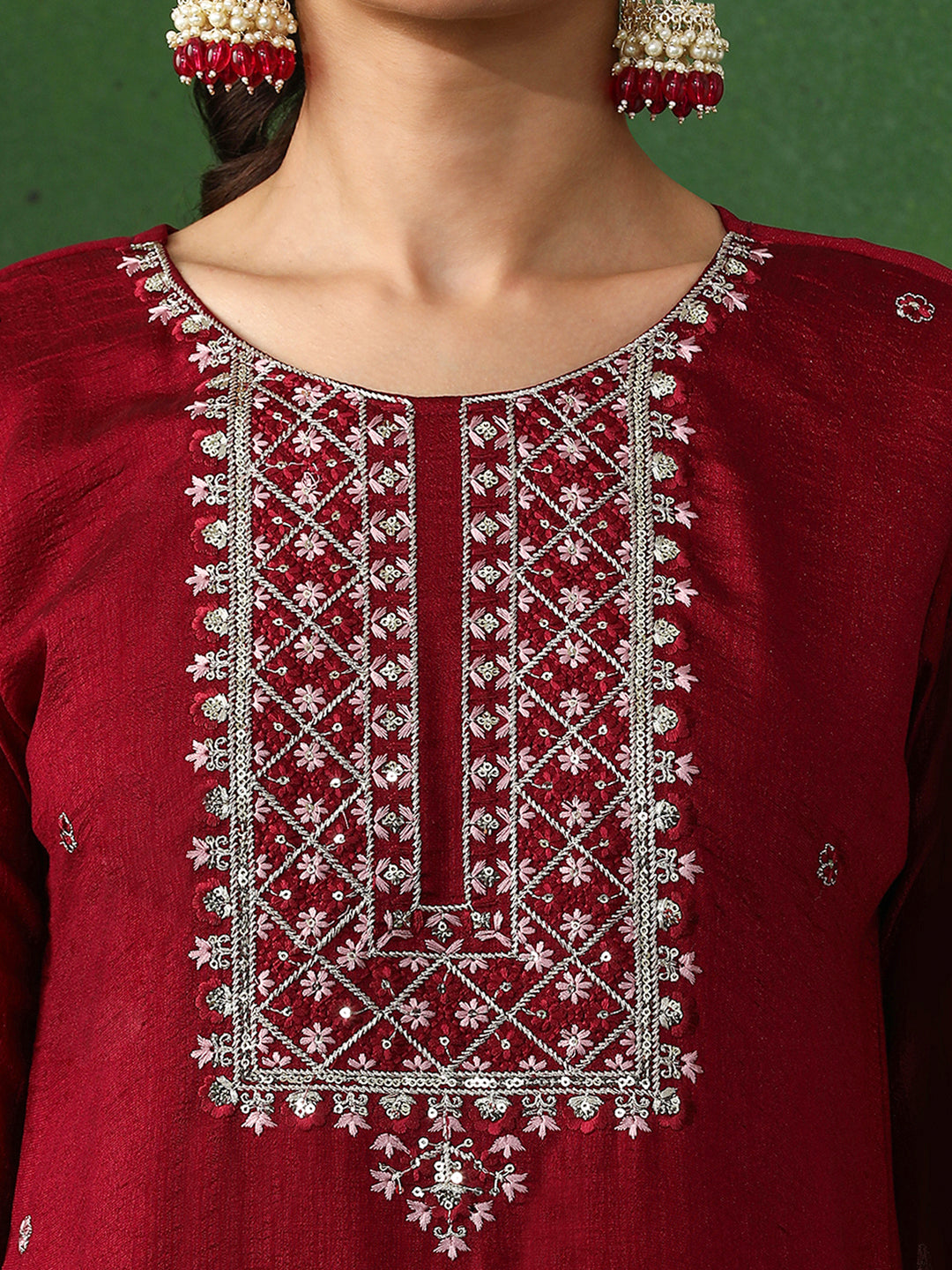 Floral Embroidered Straight Silk Blend Kurta & Trousers Sets