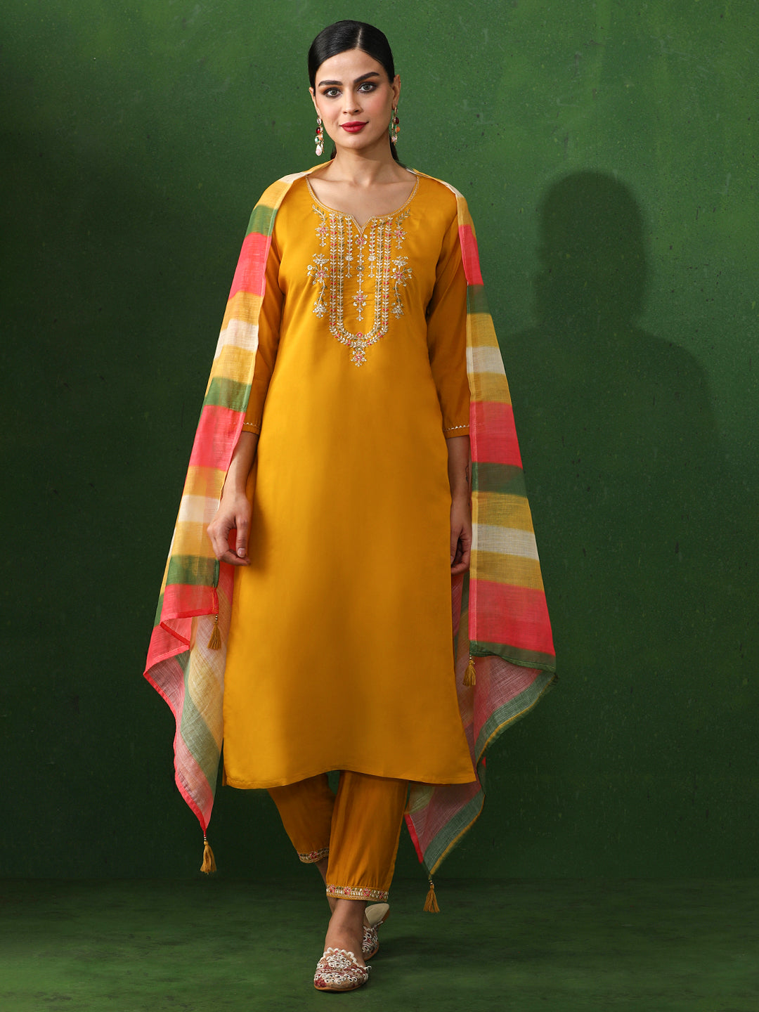 Floral Embroidered Straight Chanderi Silk Kurta & Trousers Sets