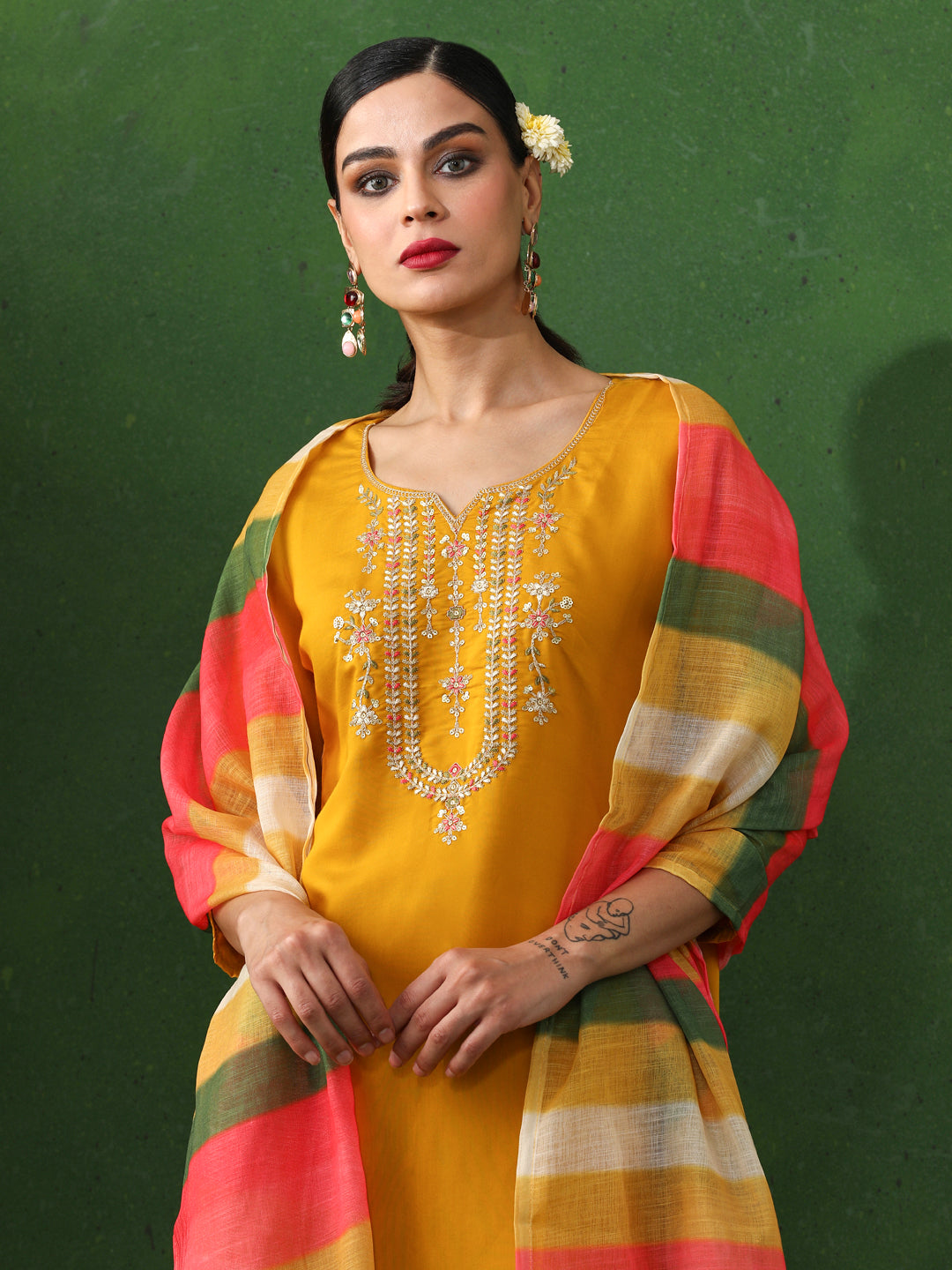 Floral Embroidered Straight Chanderi Silk Kurta & Trousers Sets