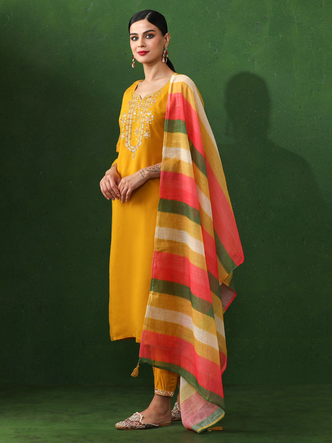 Floral Embroidered Straight Chanderi Silk Kurta & Trousers Sets