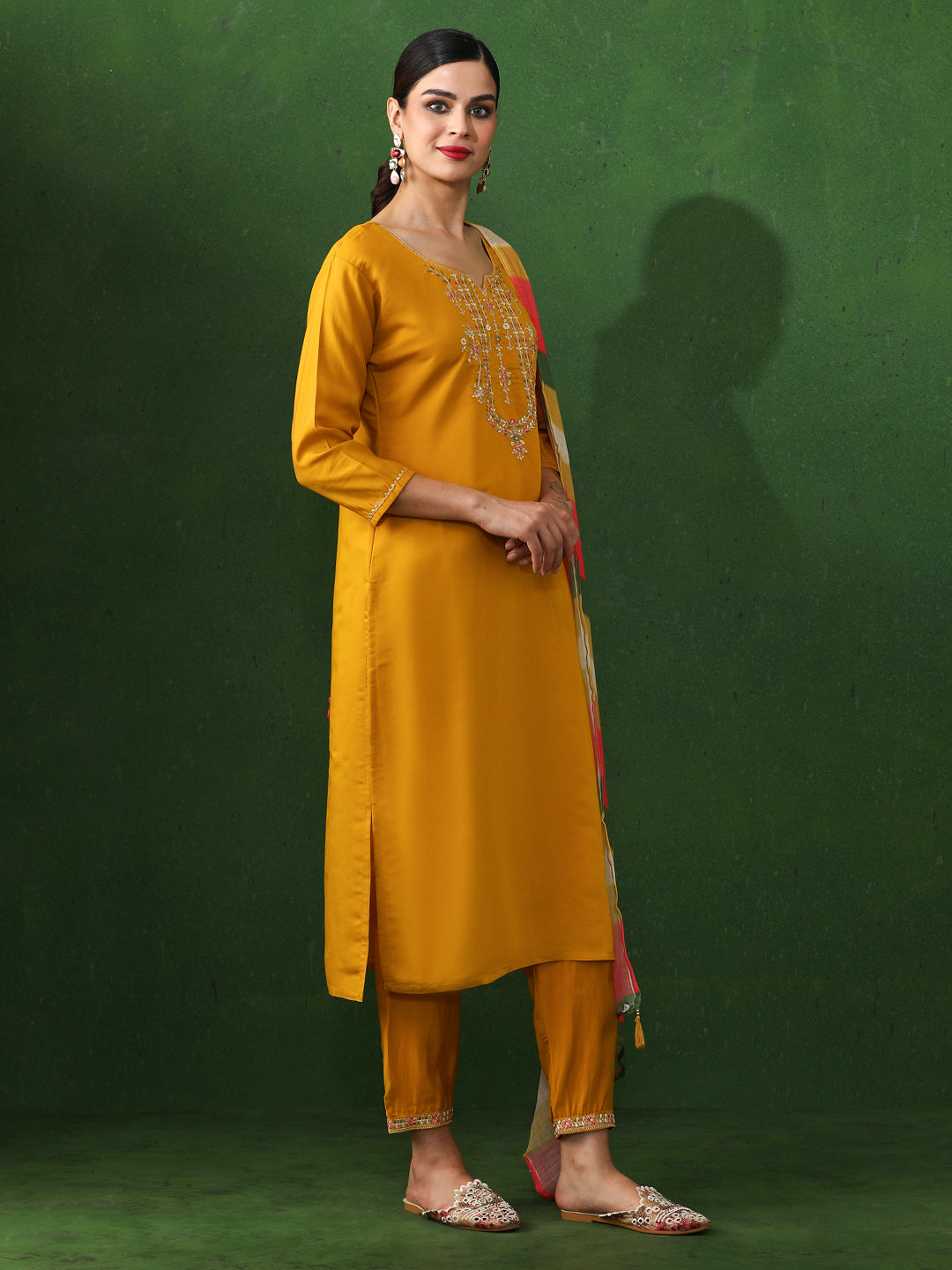 Floral Embroidered Straight Chanderi Silk Kurta & Trousers Sets