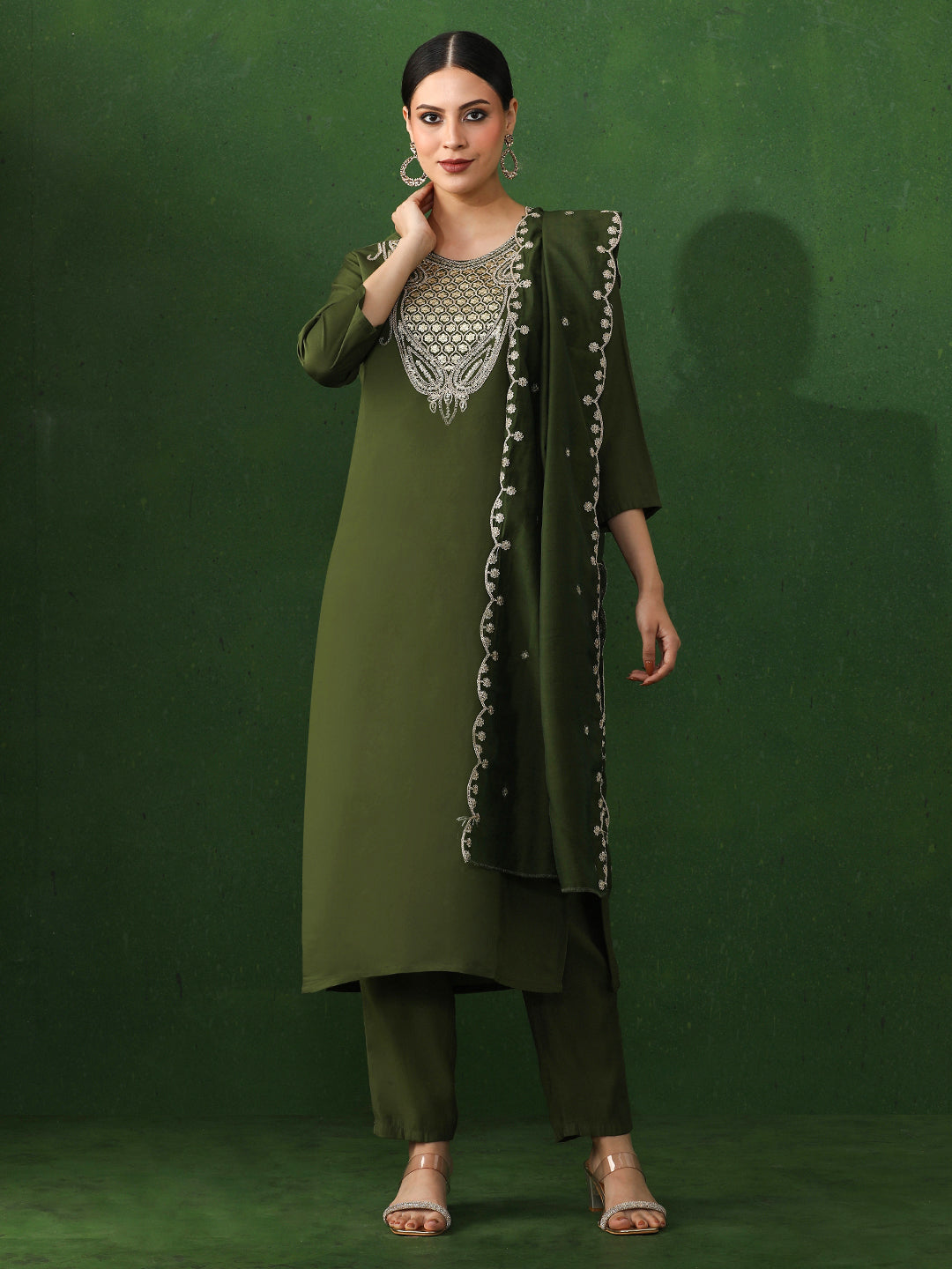 Floral Embroidered Straight Chanderi Silk Kurta & Trousers Sets