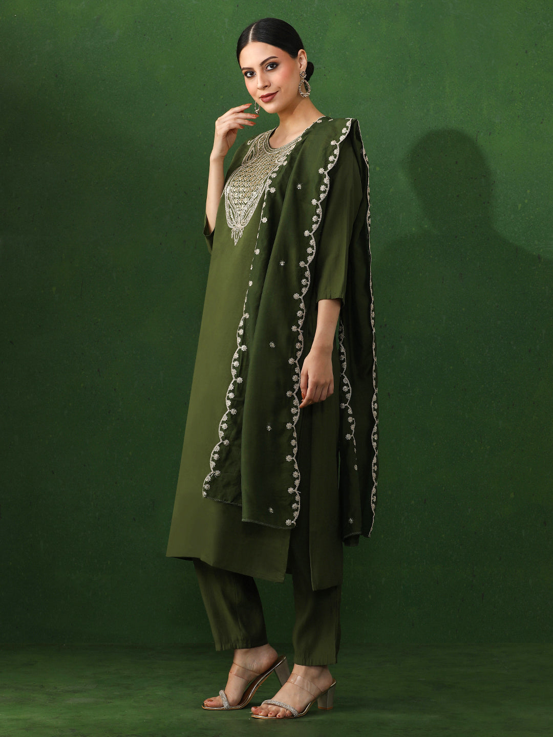 Floral Embroidered Straight Chanderi Silk Kurta & Trousers Sets