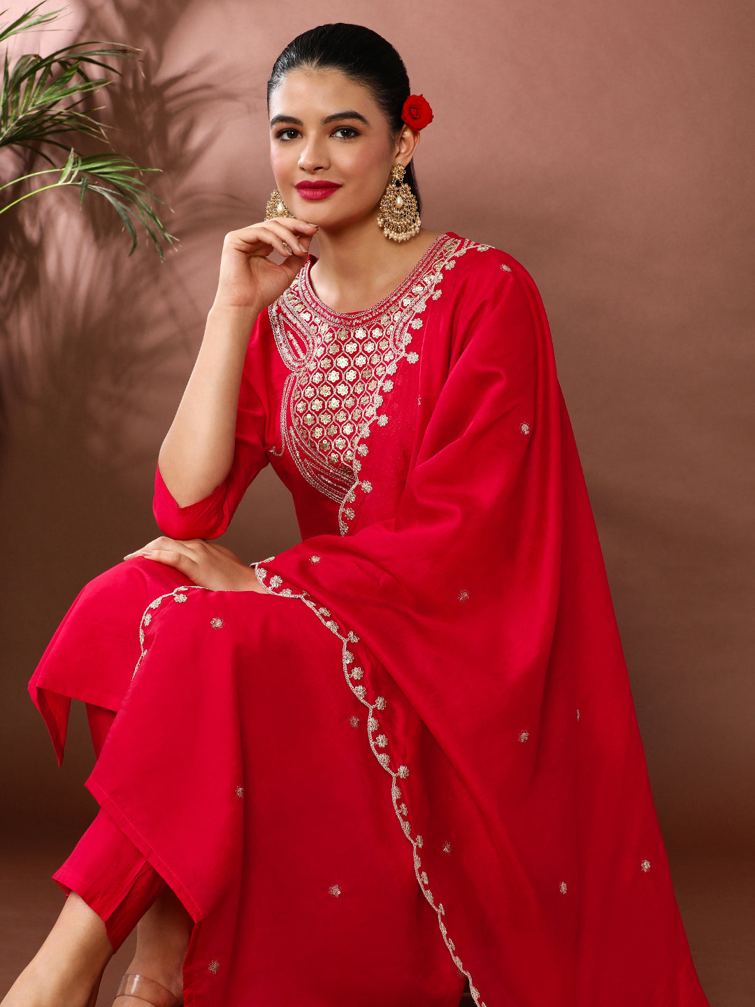 Solid Embroidered Chanderi Cotton Kurta & Trousers Sets