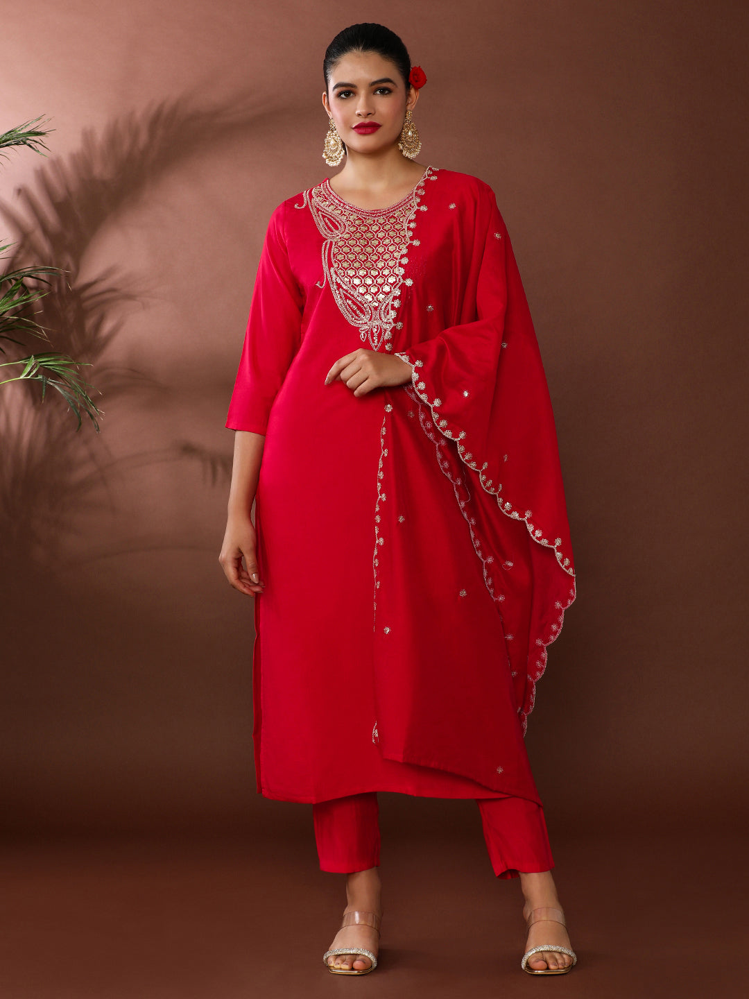 Solid Embroidered Chanderi Cotton Kurta & Trousers Sets