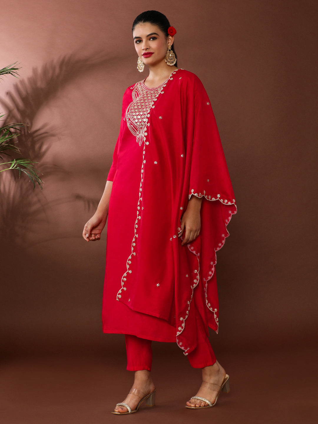Solid Embroidered Chanderi Cotton Kurta & Trousers Sets