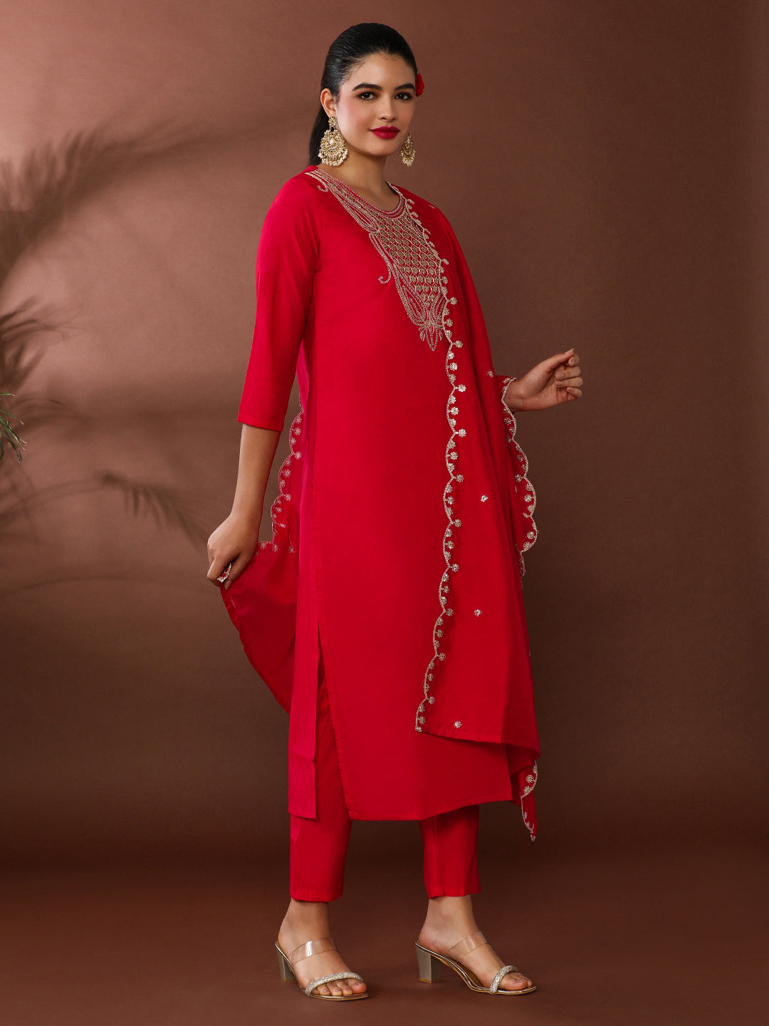 Solid Embroidered Chanderi Cotton Kurta & Trousers Sets