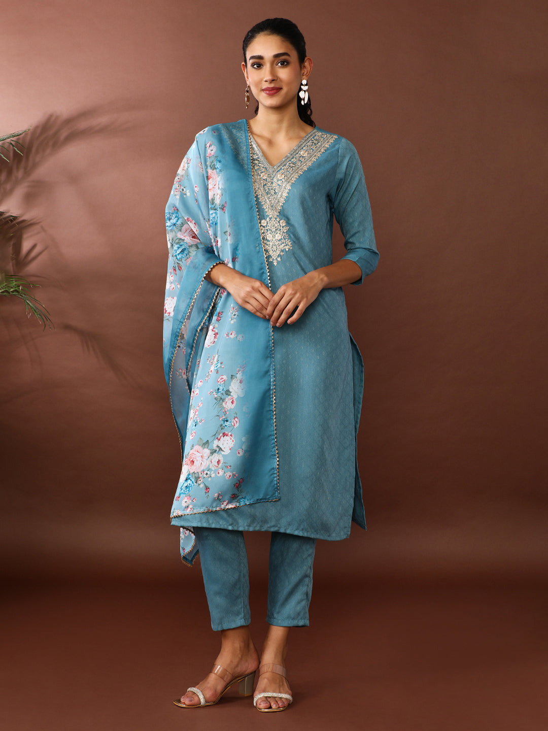 Solid Embroidered Kurta & Trousers Sets