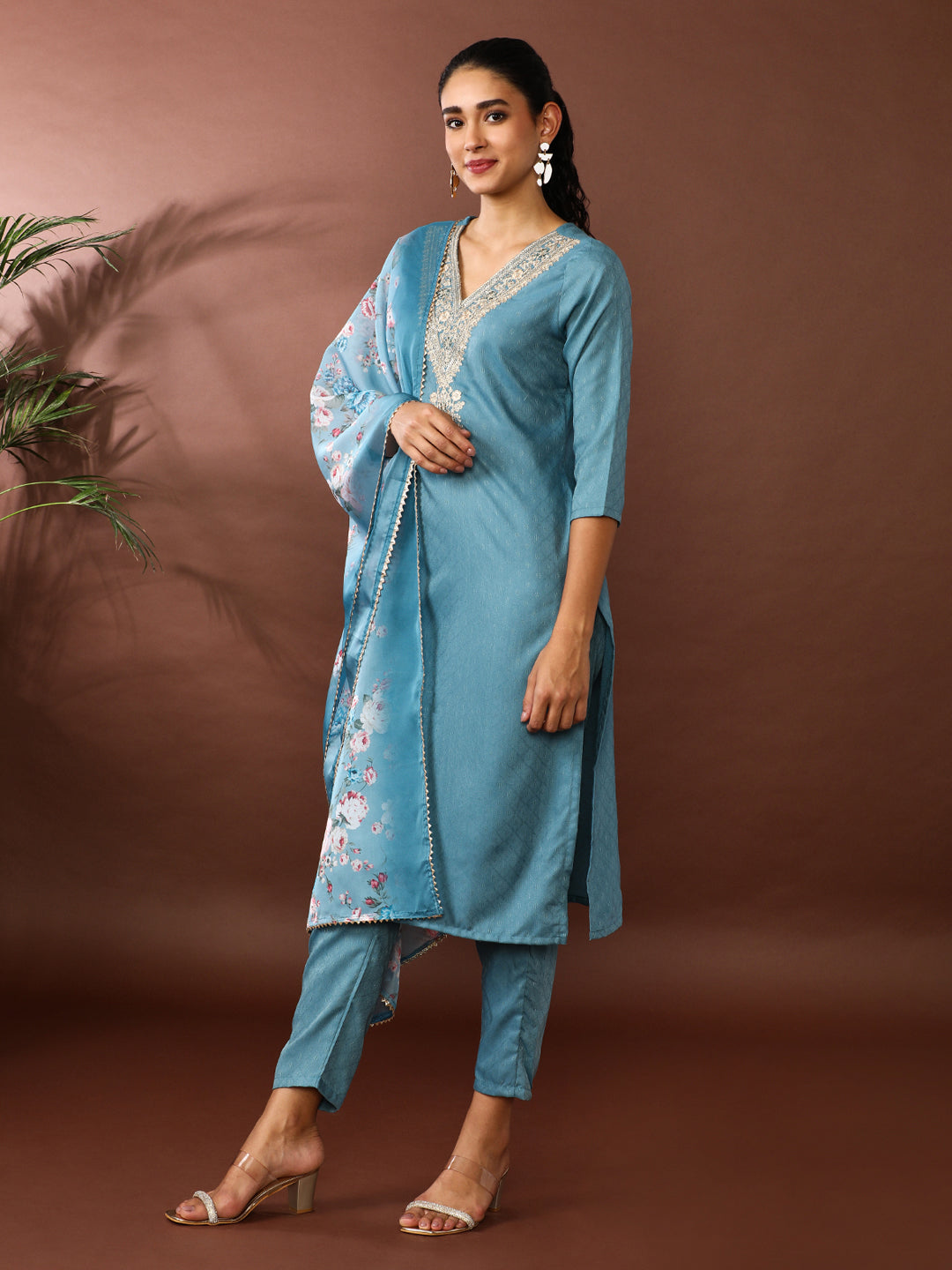 Solid Embroidered Kurta & Trousers Sets
