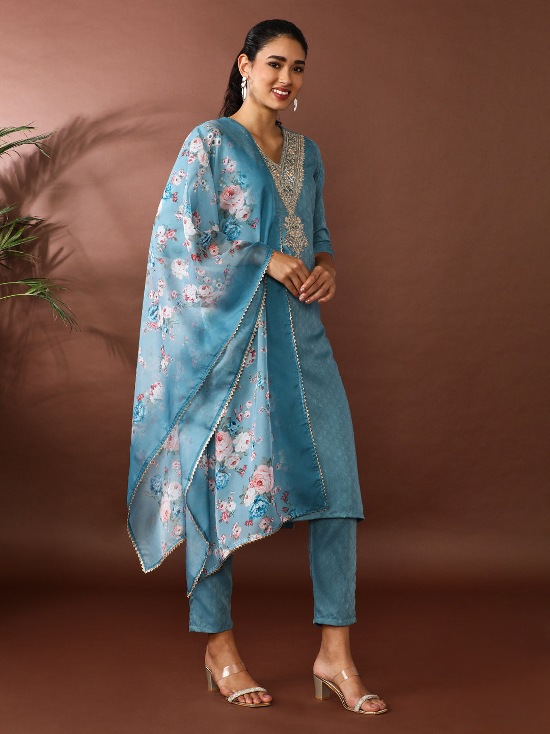Solid Embroidered Kurta & Trousers Sets