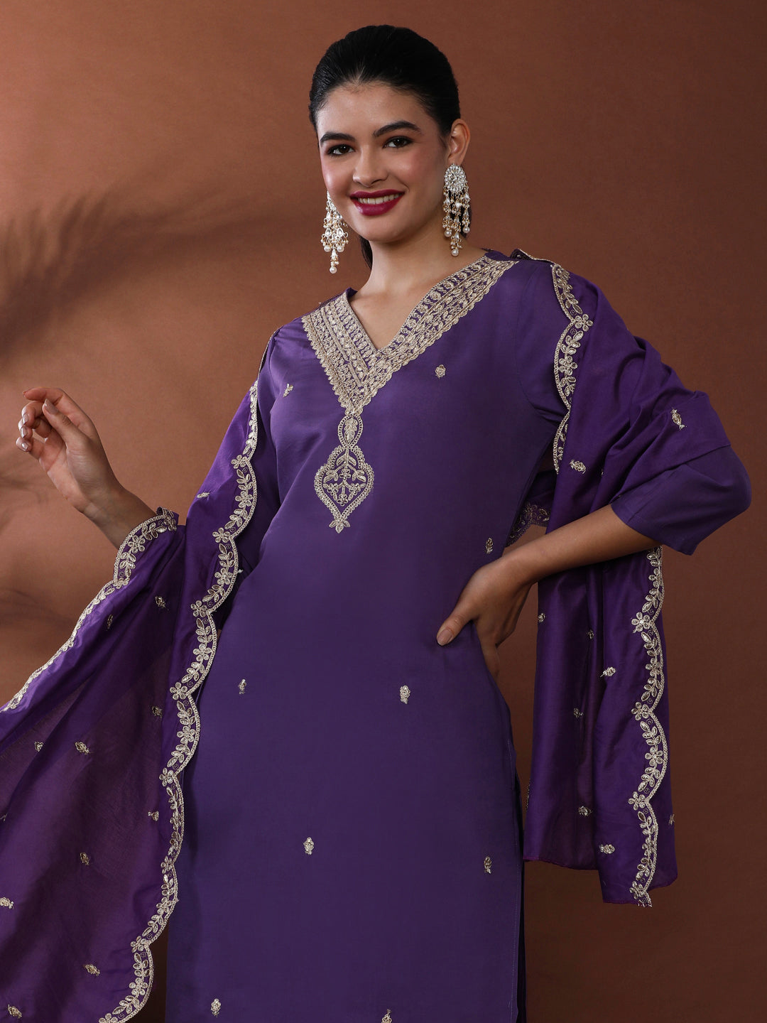 Solid Embroidered Chanderi Cotton Kurta & Trousers Sets