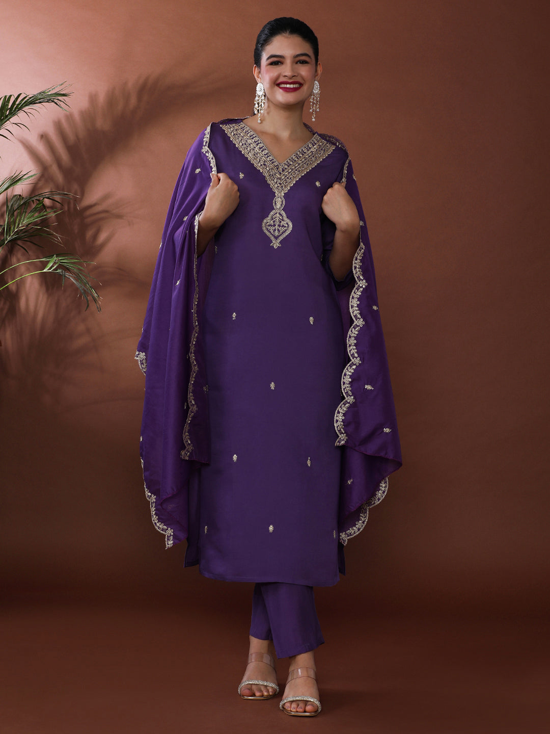 Solid Embroidered Chanderi Cotton Kurta & Trousers Sets