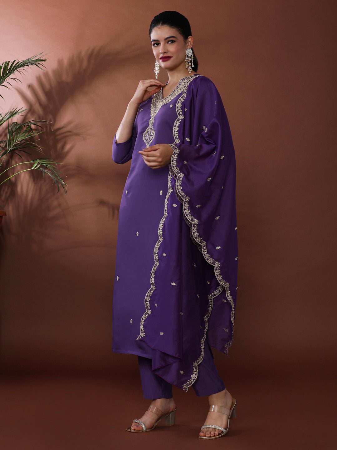 Solid Embroidered Chanderi Cotton Kurta & Trousers Sets