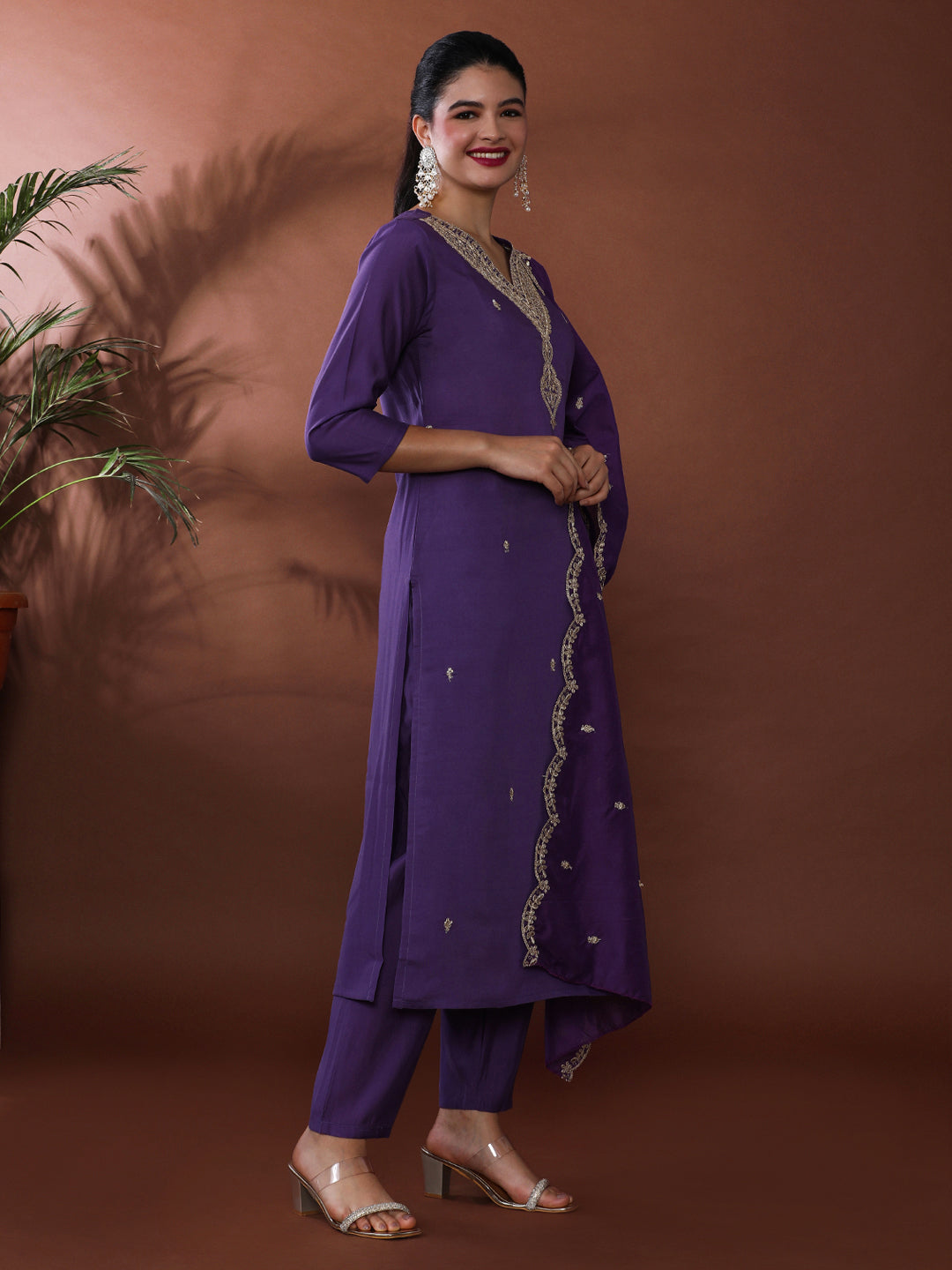 Solid Embroidered Chanderi Cotton Kurta & Trousers Sets