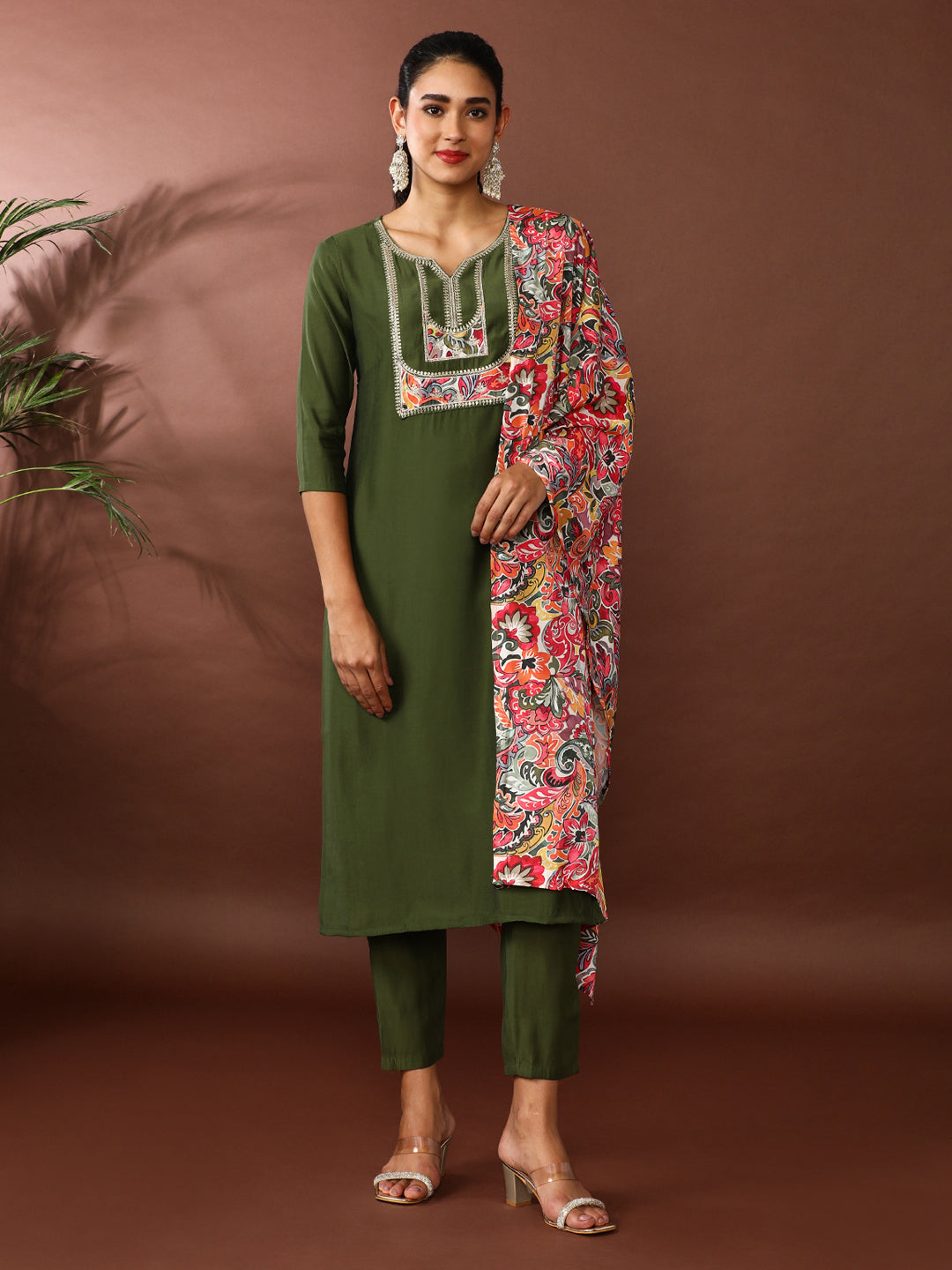 Solid Embroidered Chanderi Cotton Kurta & Trousers Sets