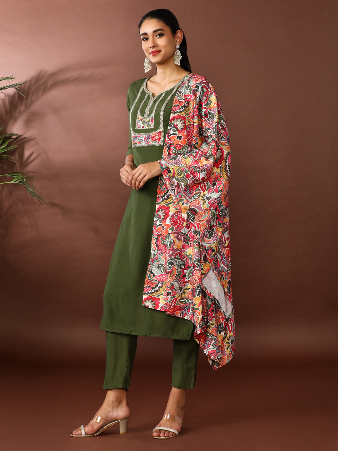 Solid Embroidered Chanderi Cotton Kurta & Trousers Sets